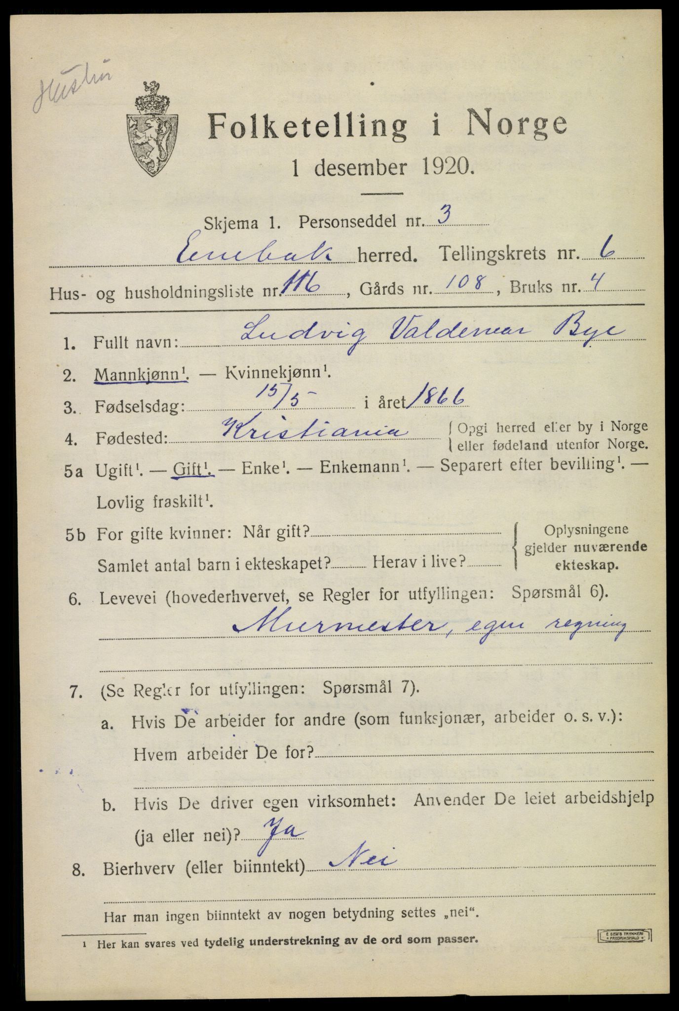 SAO, 1920 census for Enebakk, 1920, p. 6081