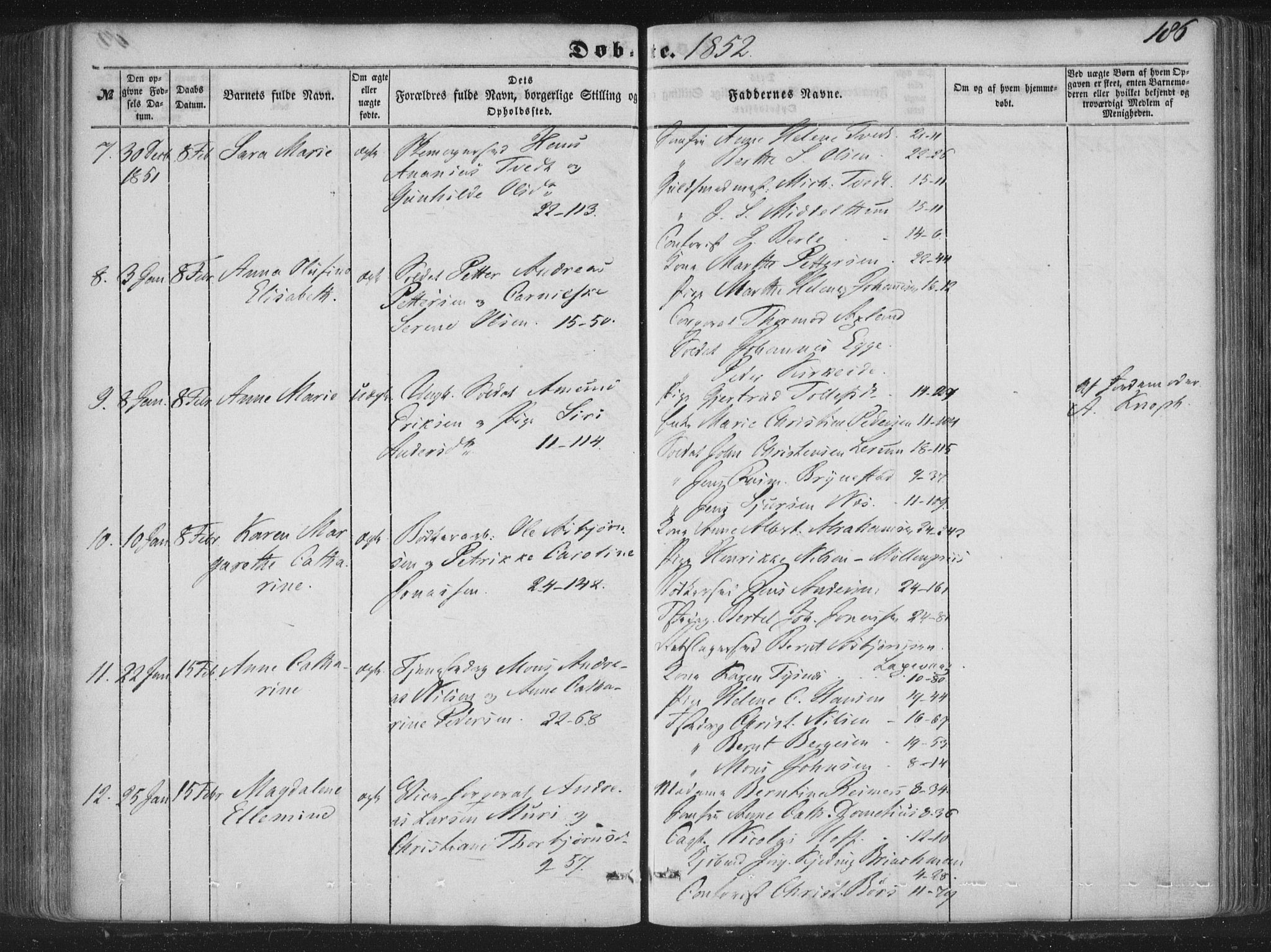 Korskirken sokneprestembete, AV/SAB-A-76101/H/Haa/L0017: Parish register (official) no. B 3, 1851-1857, p. 186