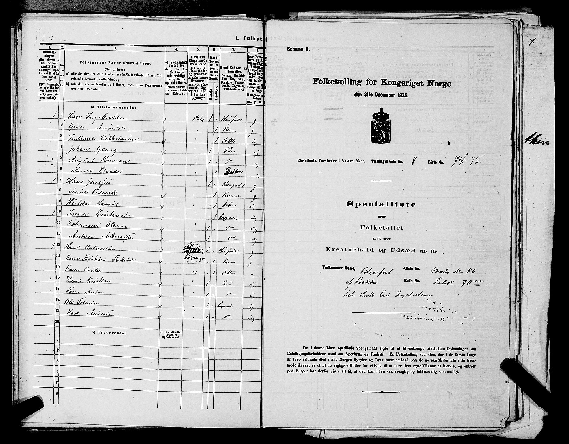 RA, 1875 census for 0218aP Vestre Aker, 1875, p. 1494