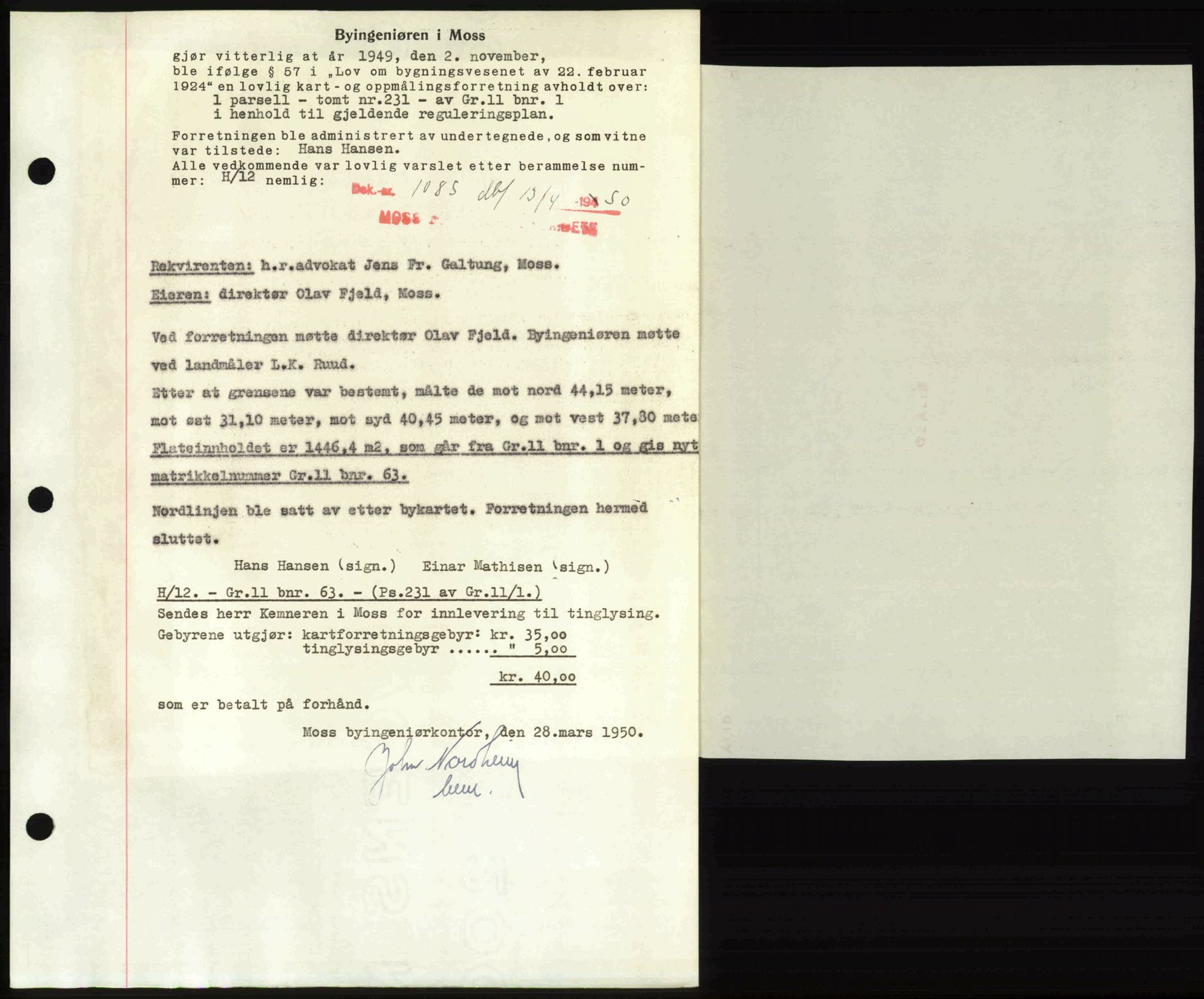 Moss sorenskriveri, SAO/A-10168: Mortgage book no. A25, 1950-1950, Diary no: : 1085/1950