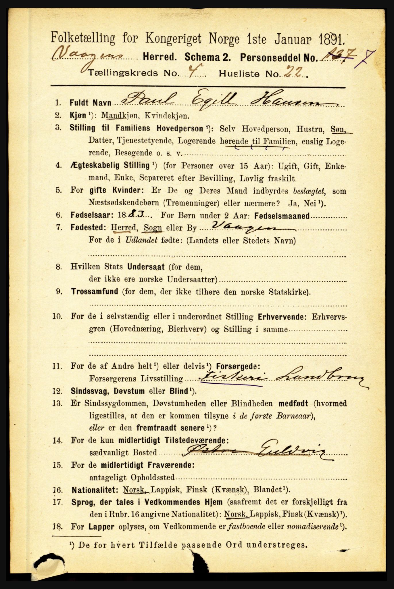 RA, 1891 census for 1865 Vågan, 1891, p. 1073