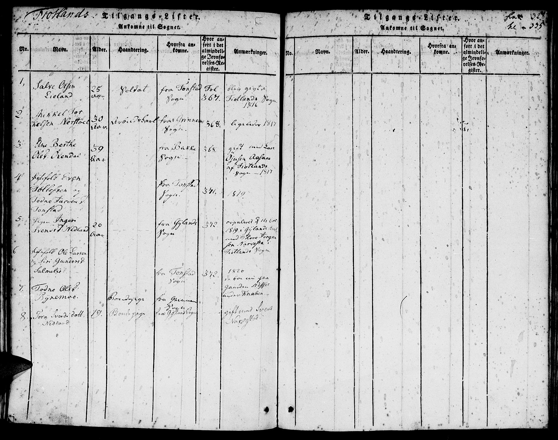 Hægebostad sokneprestkontor, SAK/1111-0024/F/Fa/Faa/L0002: Parish register (official) no. A 2 /3, 1816-1825, p. 328