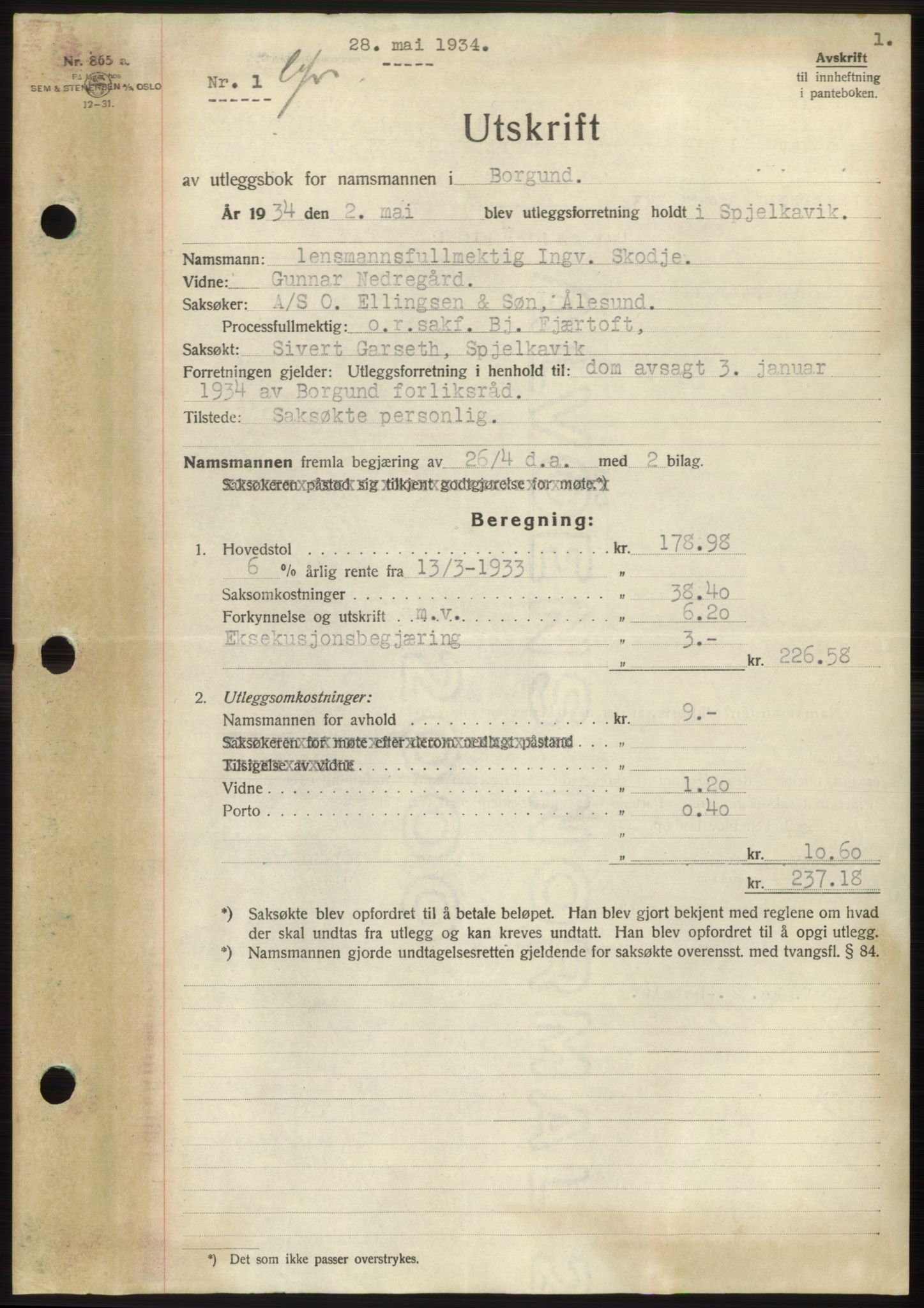 Nordre Sunnmøre sorenskriveri, AV/SAT-A-0006/1/2/2C/2Ca/L0056: Mortgage book no. 56, 1934-1934, Deed date: 28.05.1934