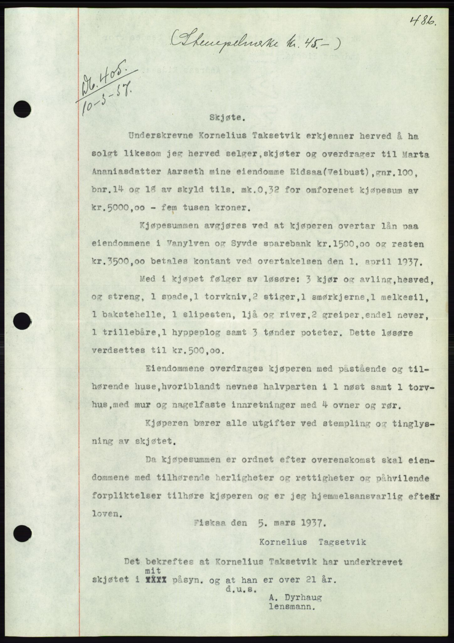 Søre Sunnmøre sorenskriveri, SAT/A-4122/1/2/2C/L0062: Mortgage book no. 56, 1936-1937, Diary no: : 405/1937