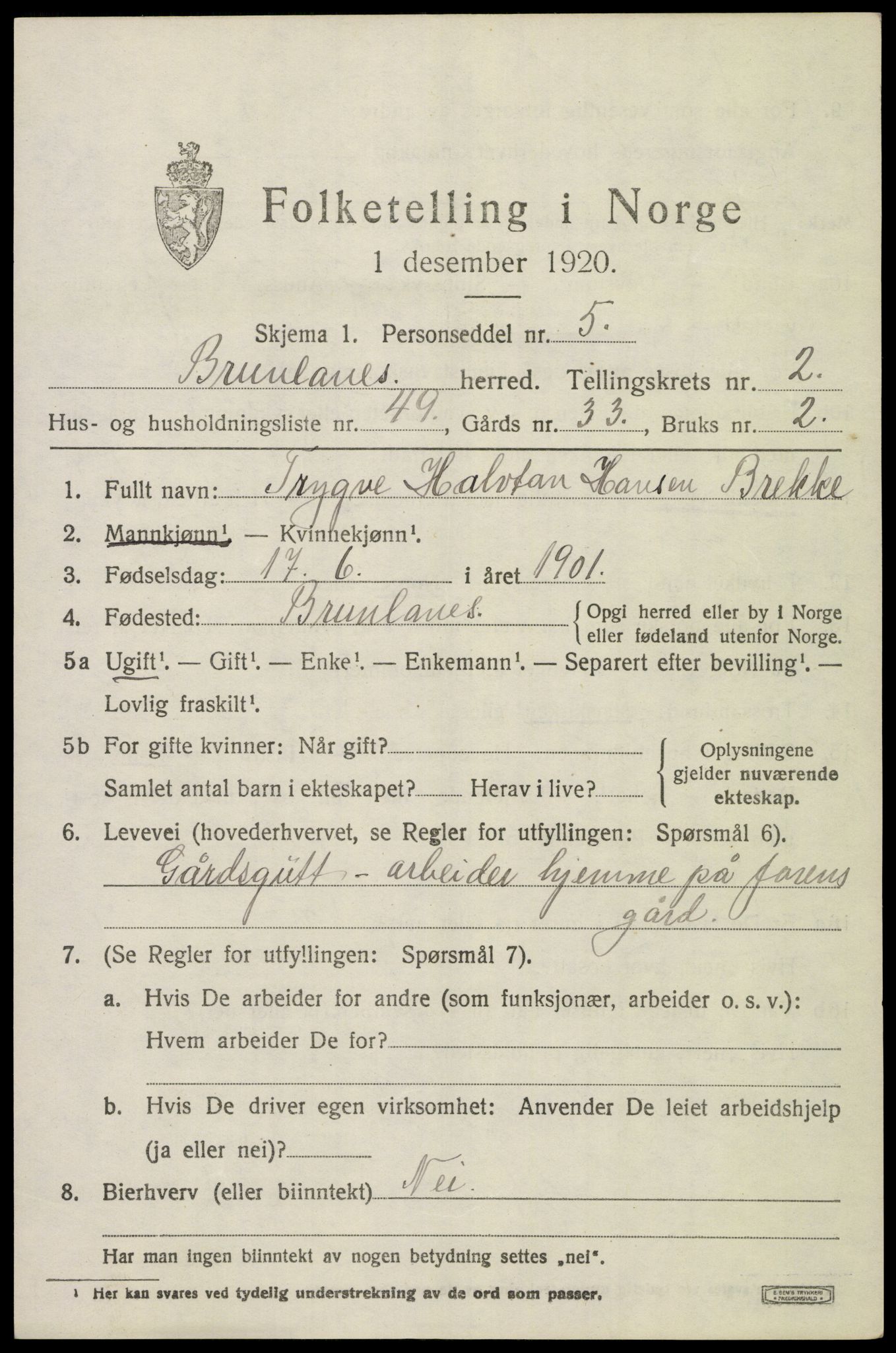 SAKO, 1920 census for Brunlanes, 1920, p. 3829