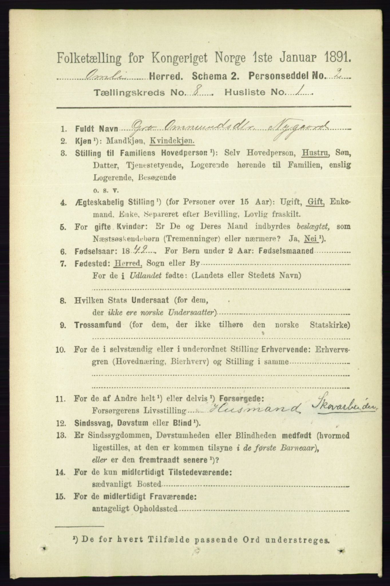 RA, 1891 census for 0929 Åmli, 1891, p. 1109