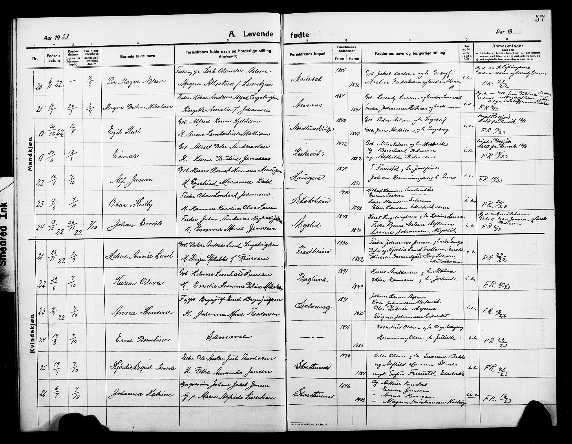 Balsfjord sokneprestembete, AV/SATØ-S-1303/G/Gab/L0004klokker: Parish register (copy) no. 4, 1910-1926, p. 57
