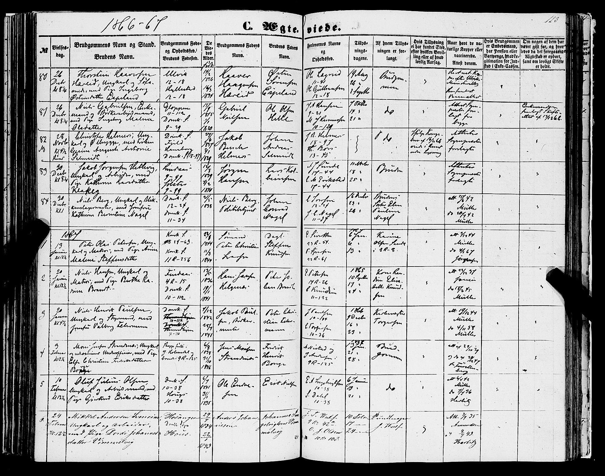Domkirken sokneprestembete, SAB/A-74801/H/Haa/L0034: Parish register (official) no. D 2, 1853-1874, p. 123