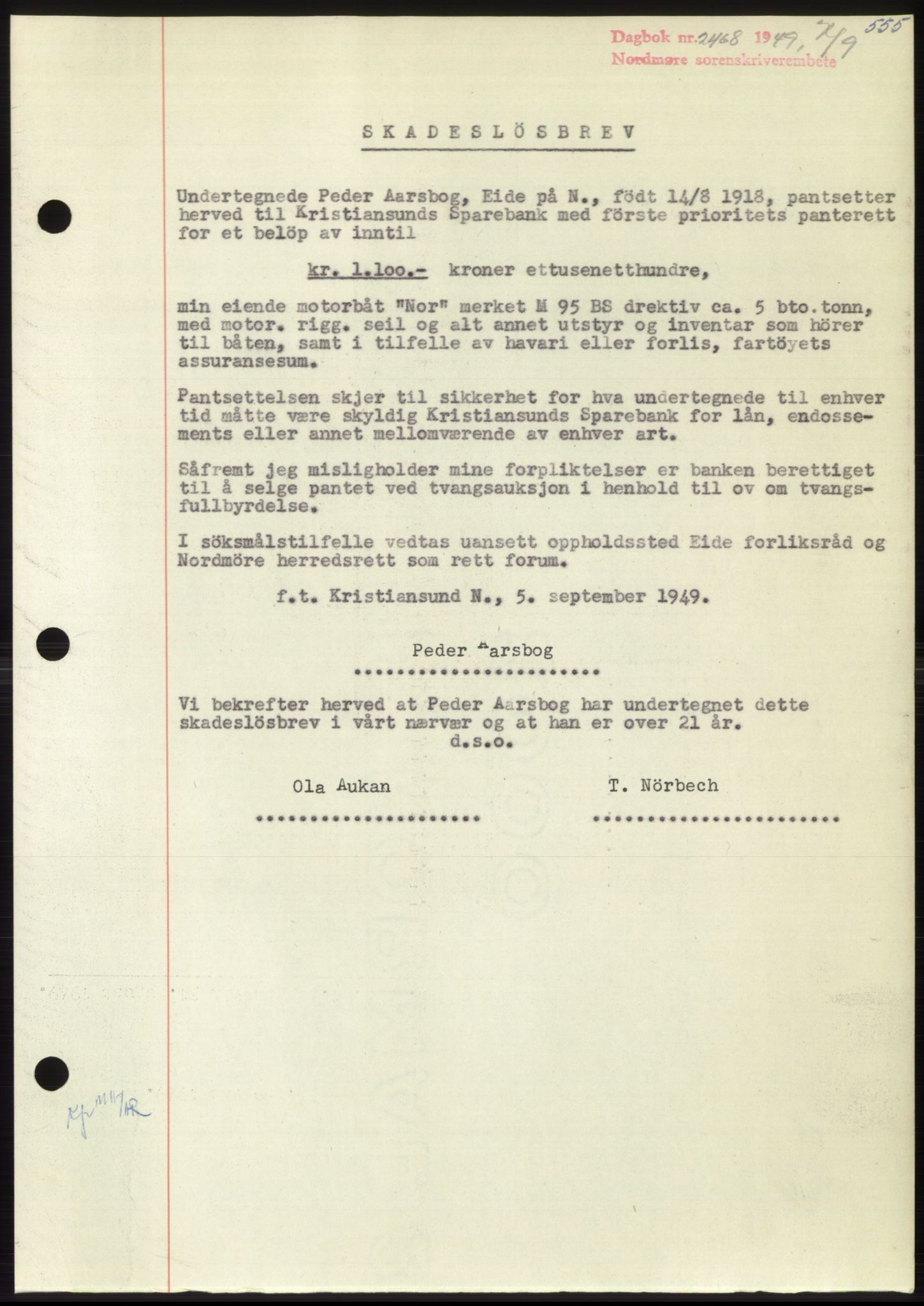 Nordmøre sorenskriveri, AV/SAT-A-4132/1/2/2Ca: Mortgage book no. B102, 1949-1949, Diary no: : 2468/1949