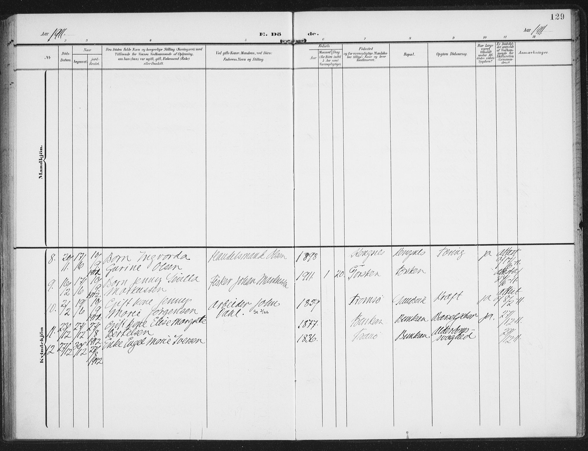 Berg sokneprestkontor, AV/SATØ-S-1318/G/Ga/Gaa/L0008kirke: Parish register (official) no. 8, 1904-1916, p. 129