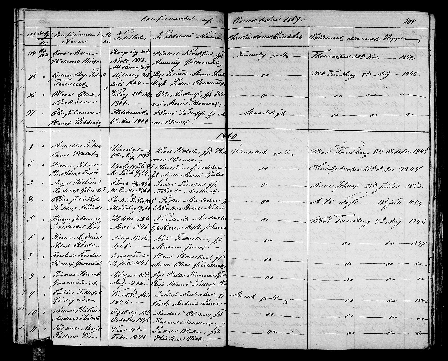 Sande Kirkebøker, AV/SAKO-A-53/G/Ga/L0002: Parish register (copy) no. 2, 1847-1863, p. 205