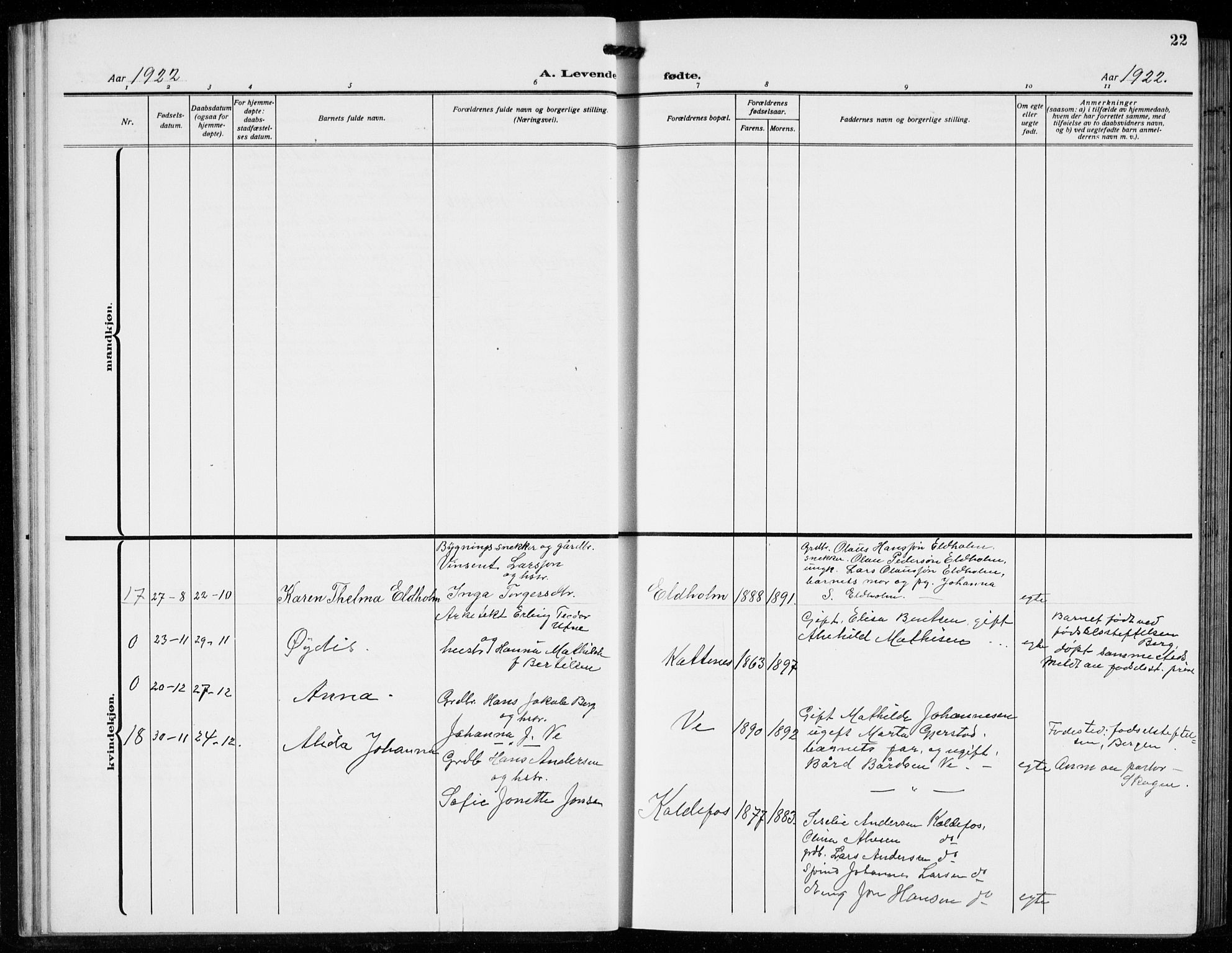 Tysnes sokneprestembete, AV/SAB-A-78601/H/Hab: Parish register (copy) no. B  3, 1918-1935, p. 22