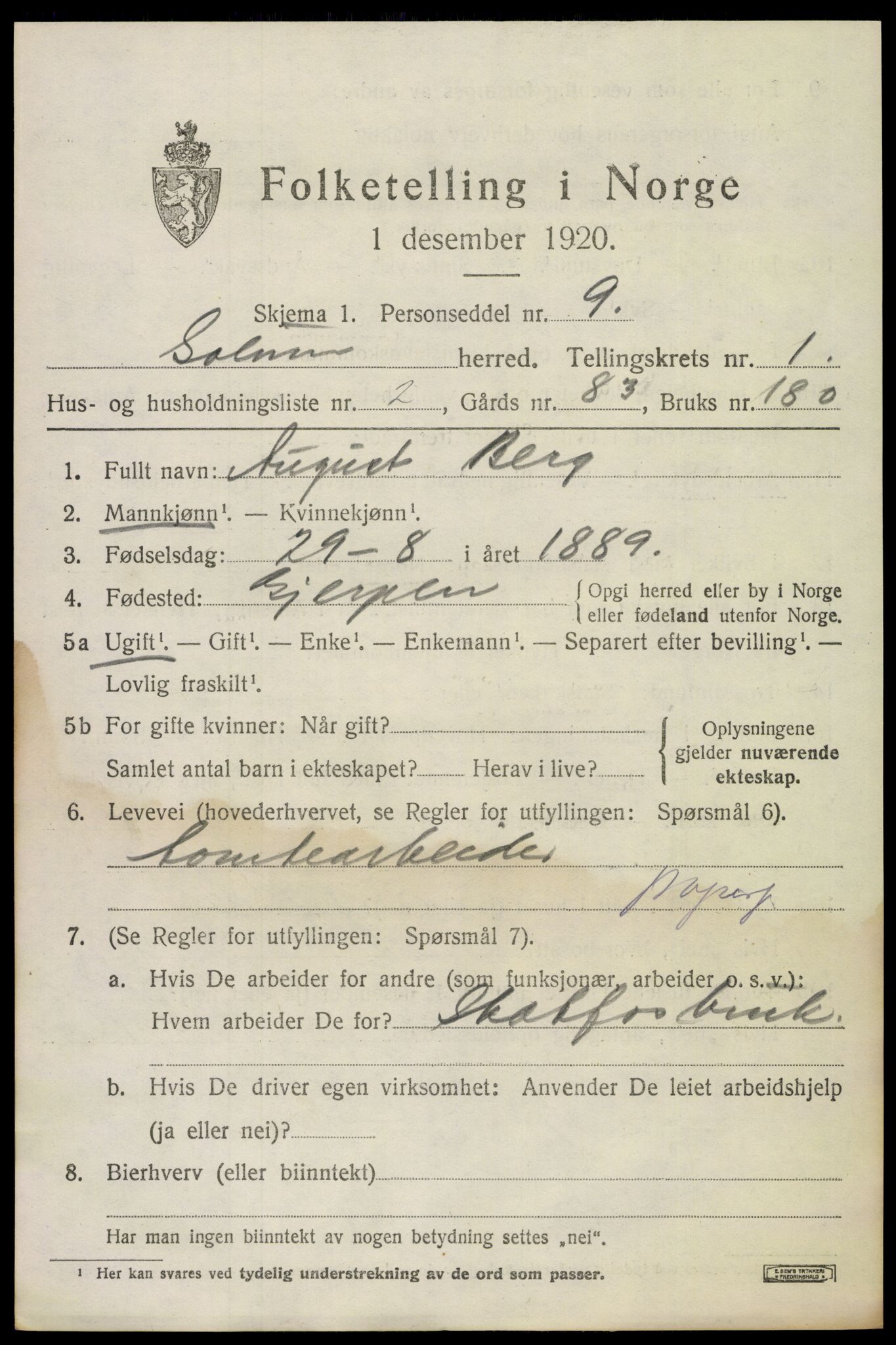 SAKO, 1920 census for Solum, 1920, p. 2272