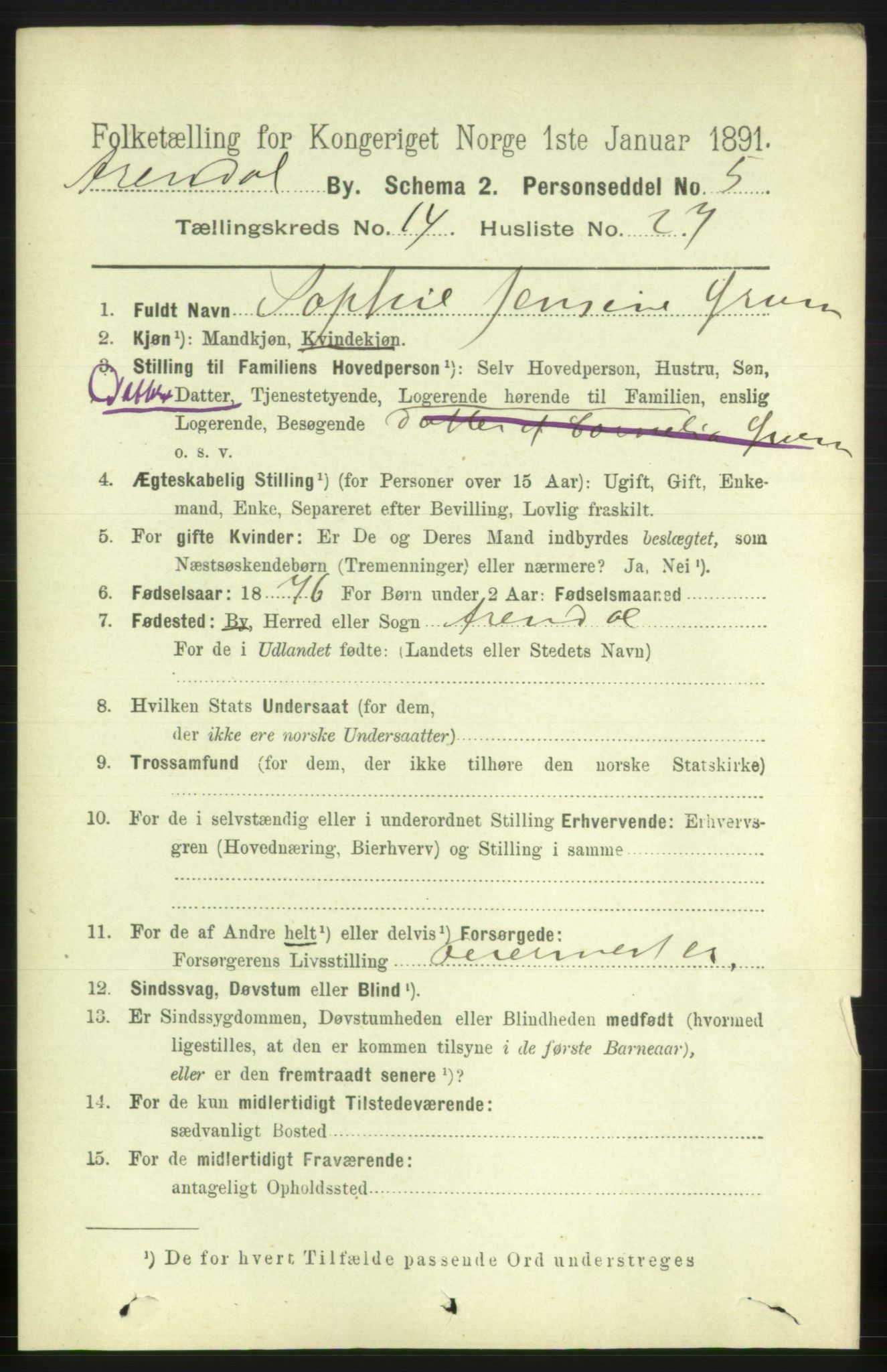 RA, 1891 census for 0903 Arendal, 1891, p. 5021