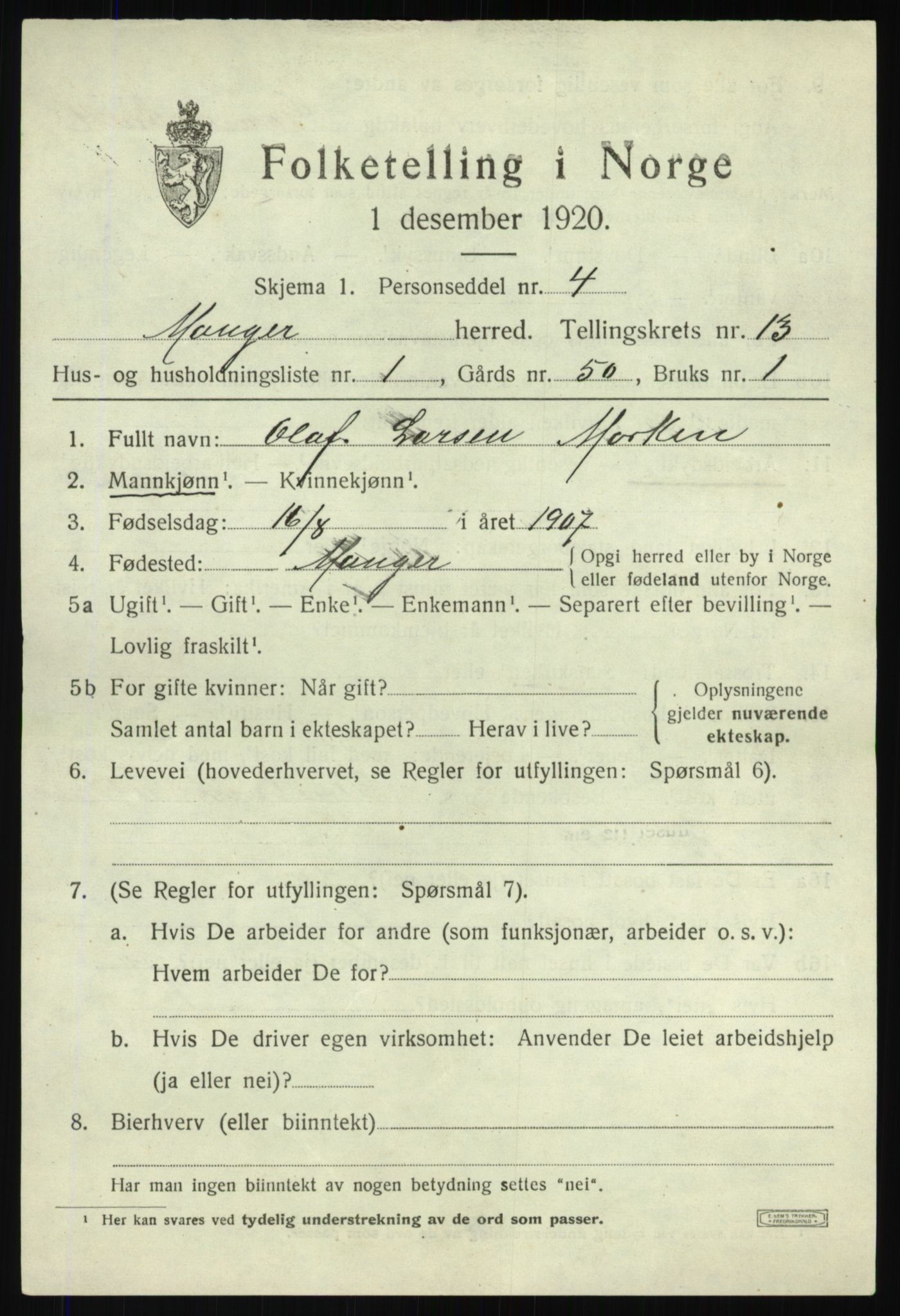 SAB, 1920 census for Manger, 1920, p. 7756