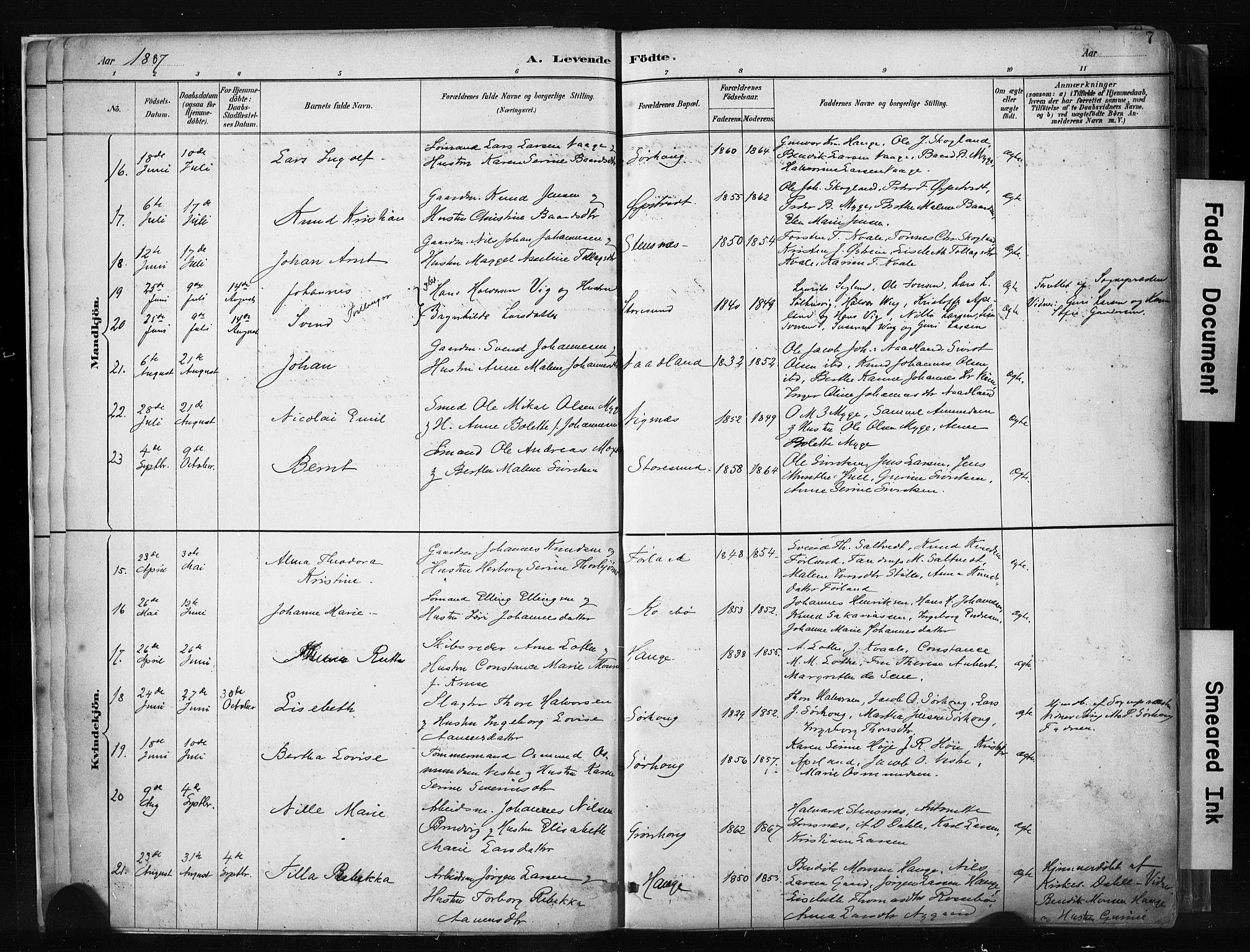 Haugesund sokneprestkontor, AV/SAST-A -101863/H/Ha/Haa/L0004: Parish register (official) no. A 4, 1886-1908, p. 7