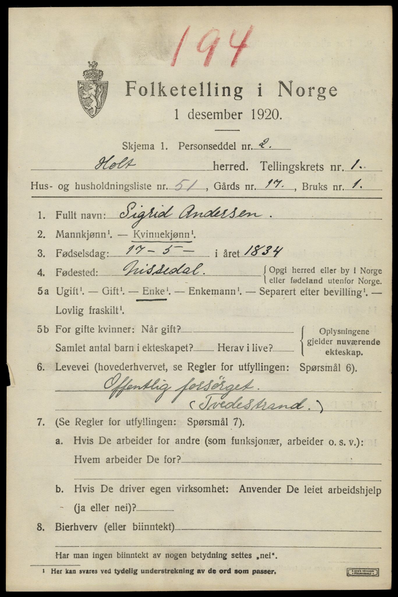 SAK, 1920 census for Holt, 1920, p. 2084