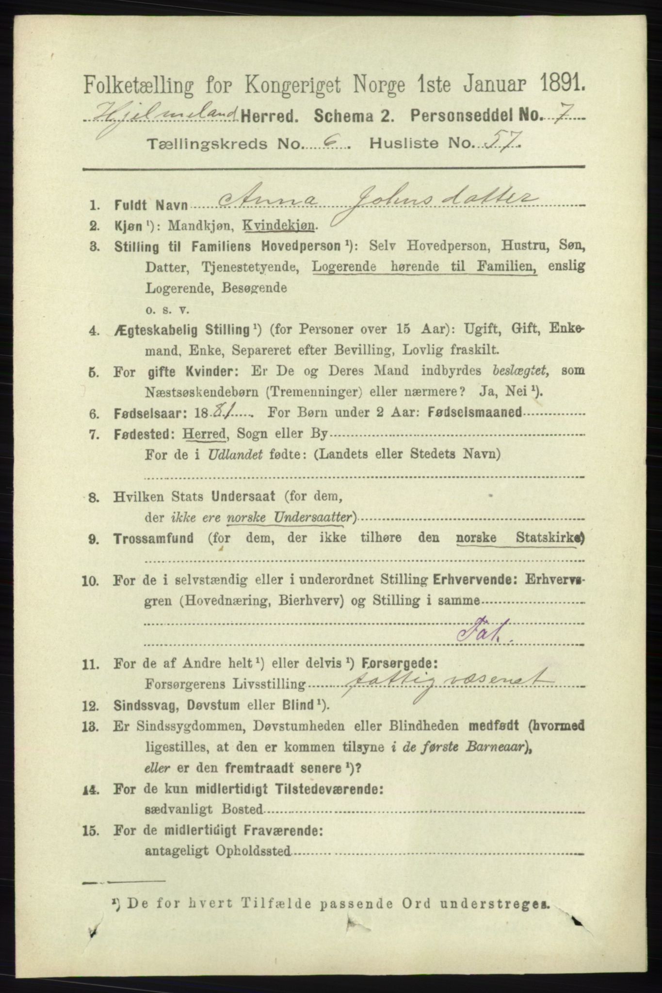 RA, 1891 census for 1133 Hjelmeland, 1891, p. 1862