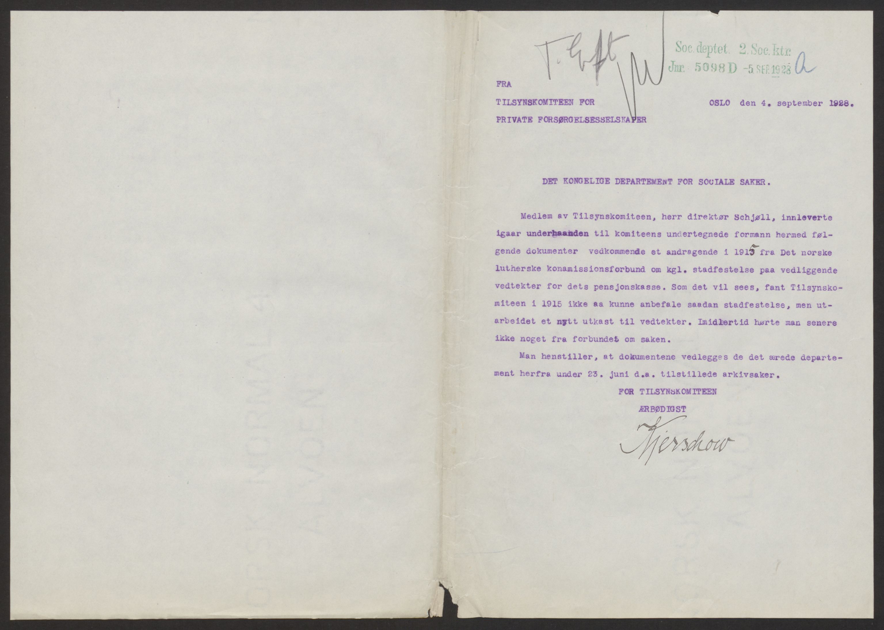 Sosialdepartementet, 2. sosialkontor D, AV/RA-S-1269/L/L0110/0005: Pensjonsfond - regnskaper og vedtekter. Oslo / Norsk Lutherske Kinamisjonsforbund, 1928