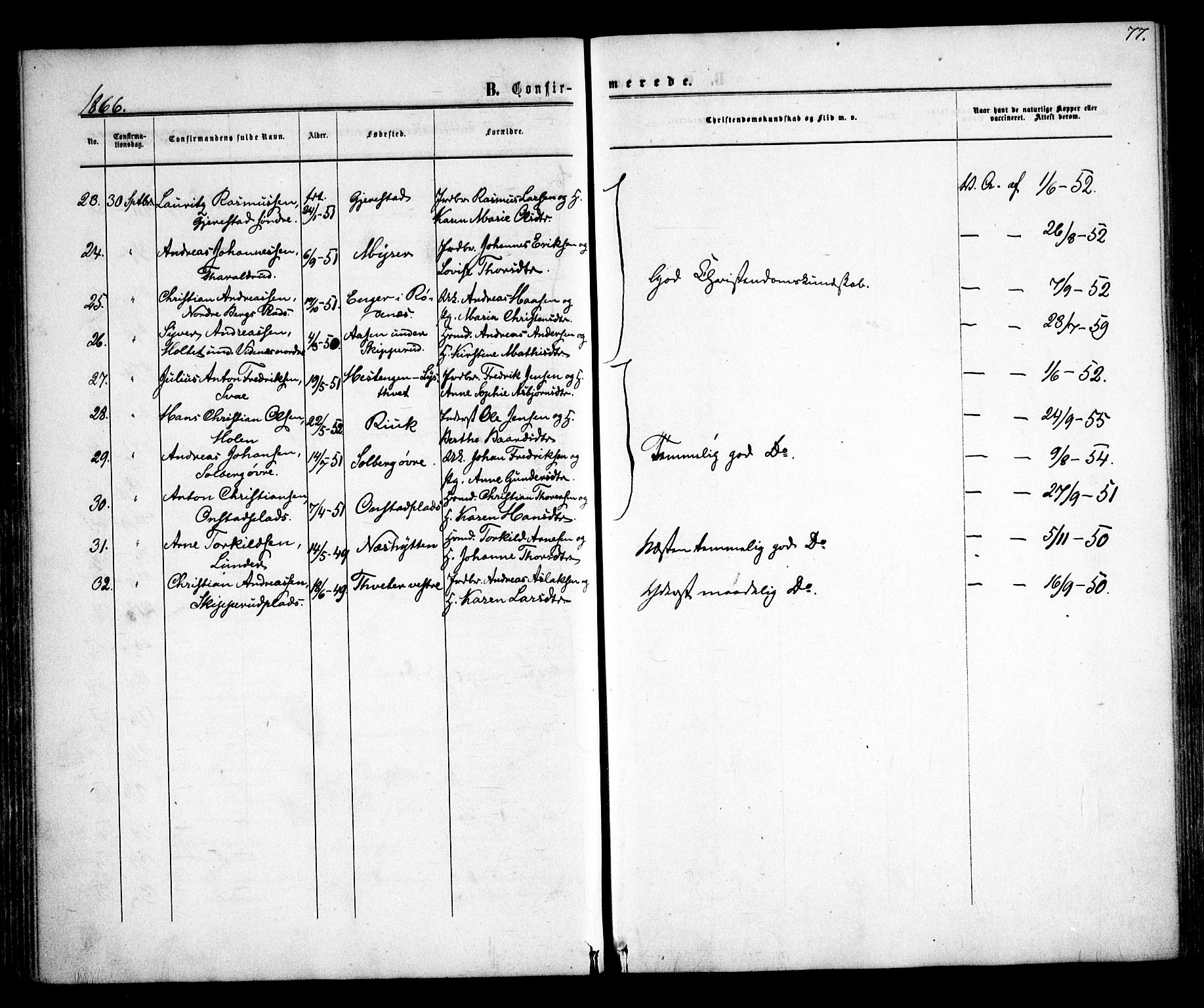 Skiptvet prestekontor Kirkebøker, SAO/A-20009/F/Fa/L0007: Parish register (official) no. 7, 1861-1866, p. 77