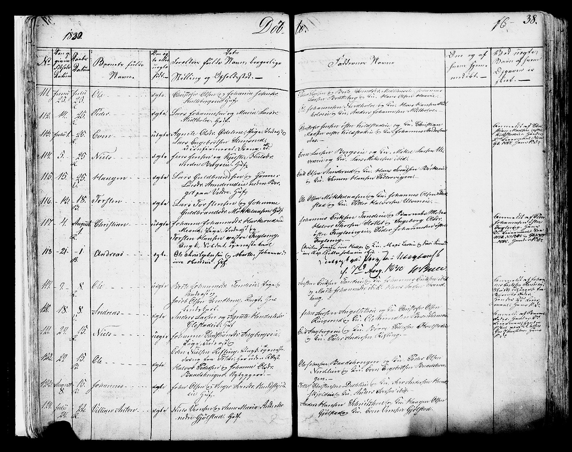 Ringsaker prestekontor, AV/SAH-PREST-014/K/Ka/L0007: Parish register (official) no. 7A, 1826-1837, p. 38