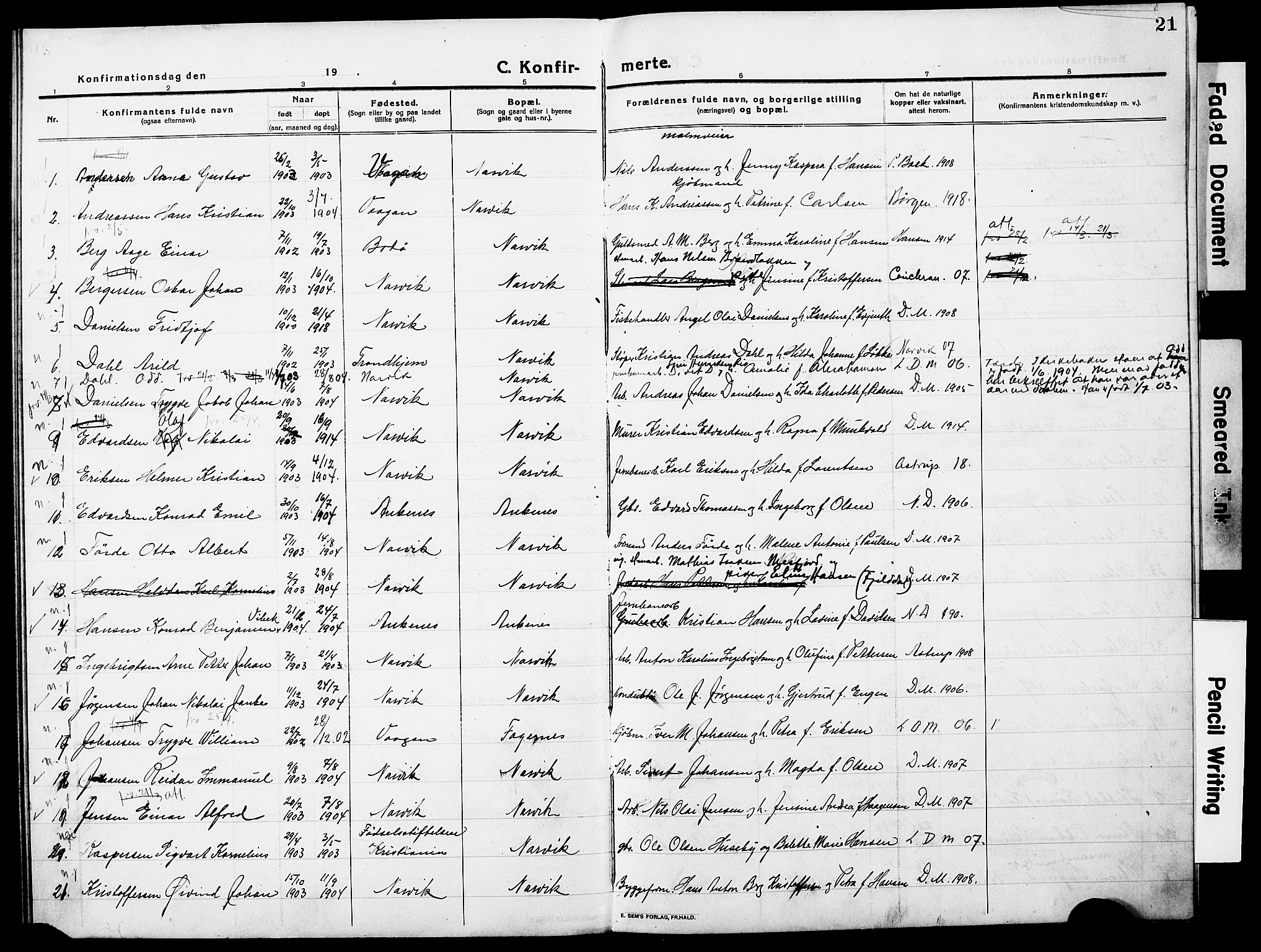 Ministerialprotokoller, klokkerbøker og fødselsregistre - Nordland, AV/SAT-A-1459/871/L0989: Parish register (official) no. 871A05, 1915-1922, p. 21