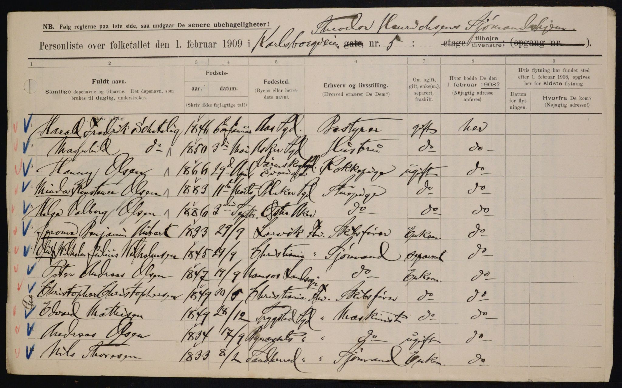 OBA, Municipal Census 1909 for Kristiania, 1909, p. 44654