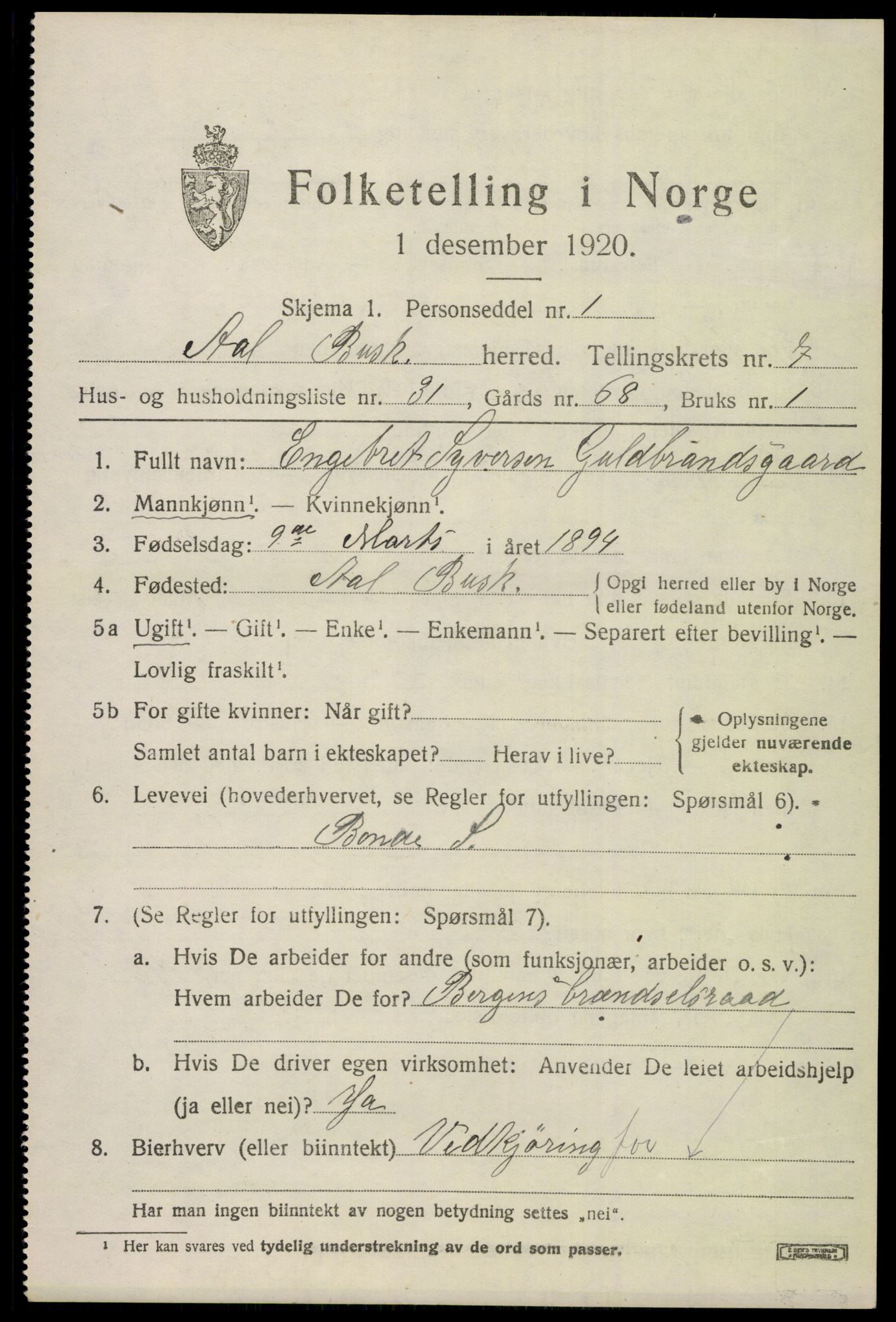 SAKO, 1920 census for Ål, 1920, p. 5122