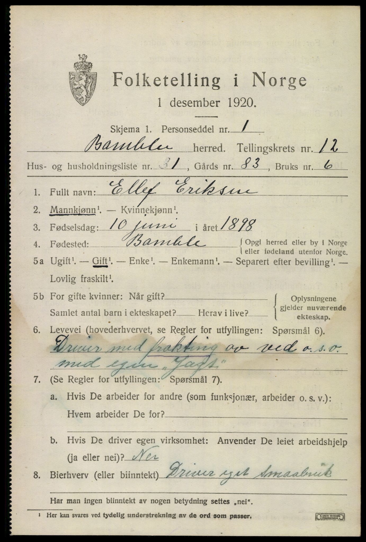 SAKO, 1920 census for Bamble, 1920, p. 9147