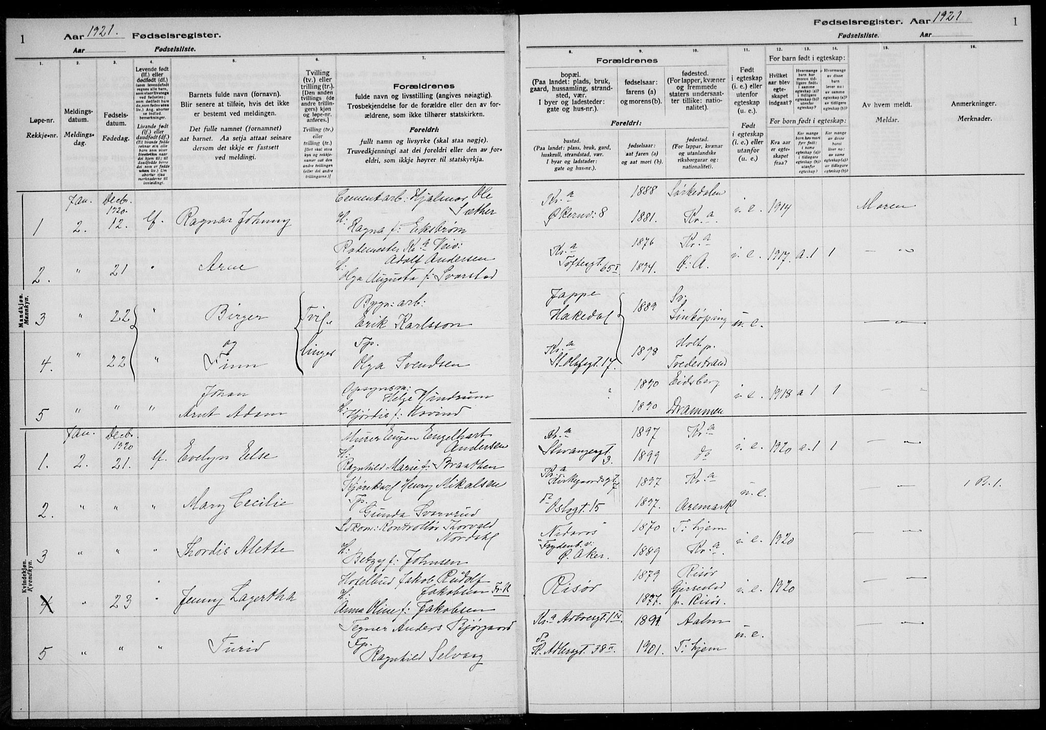 Rikshospitalet prestekontor Kirkebøker, SAO/A-10309b/J/L0006: Birth register no. 6, 1921-1921, p. 1