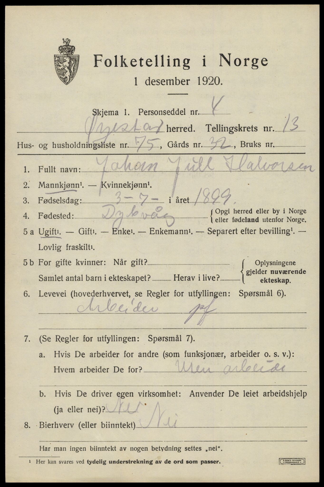 SAK, 1920 census for Øyestad, 1920, p. 8912