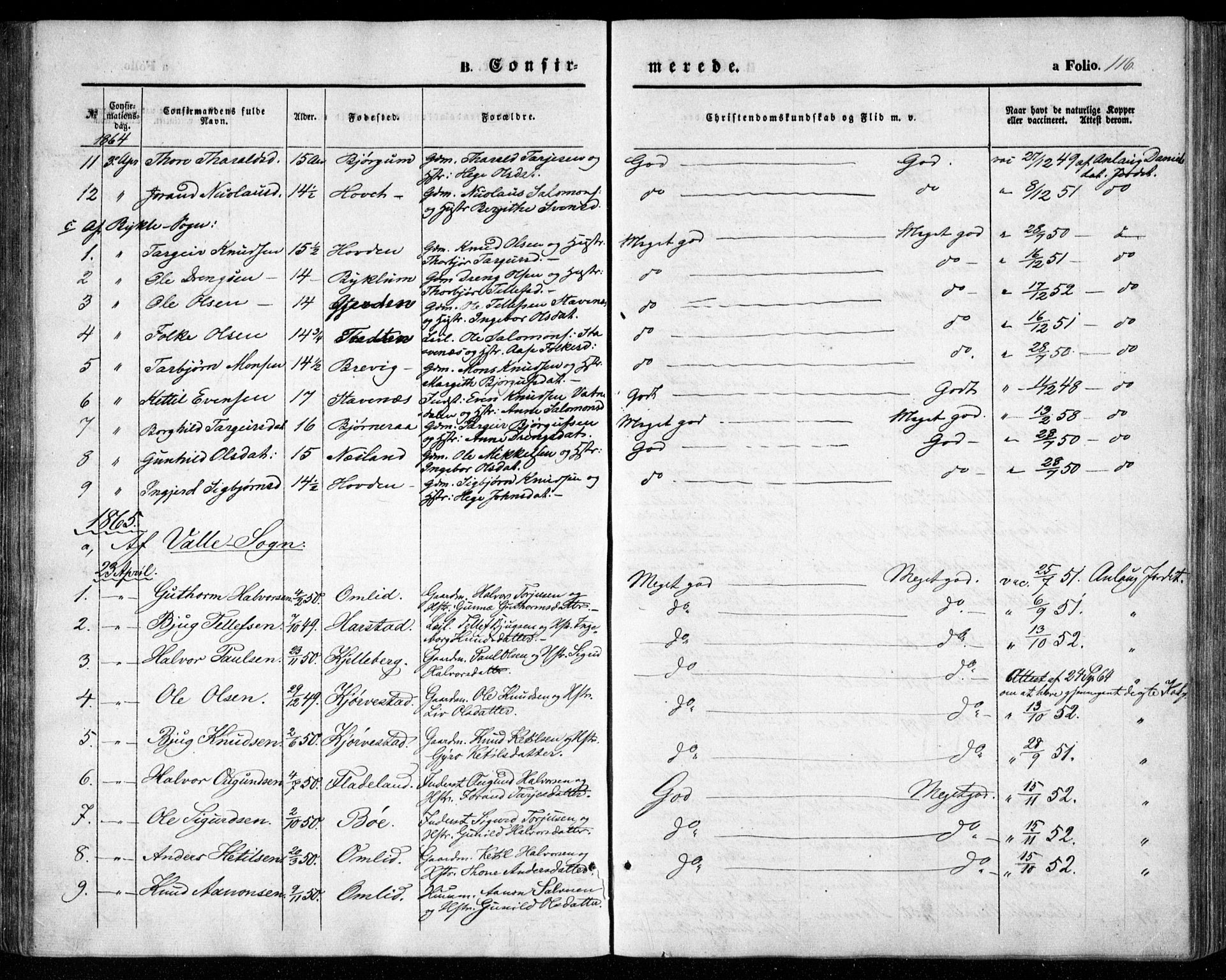 Valle sokneprestkontor, SAK/1111-0044/F/Fa/Fac/L0007: Parish register (official) no. A 7, 1854-1868, p. 116