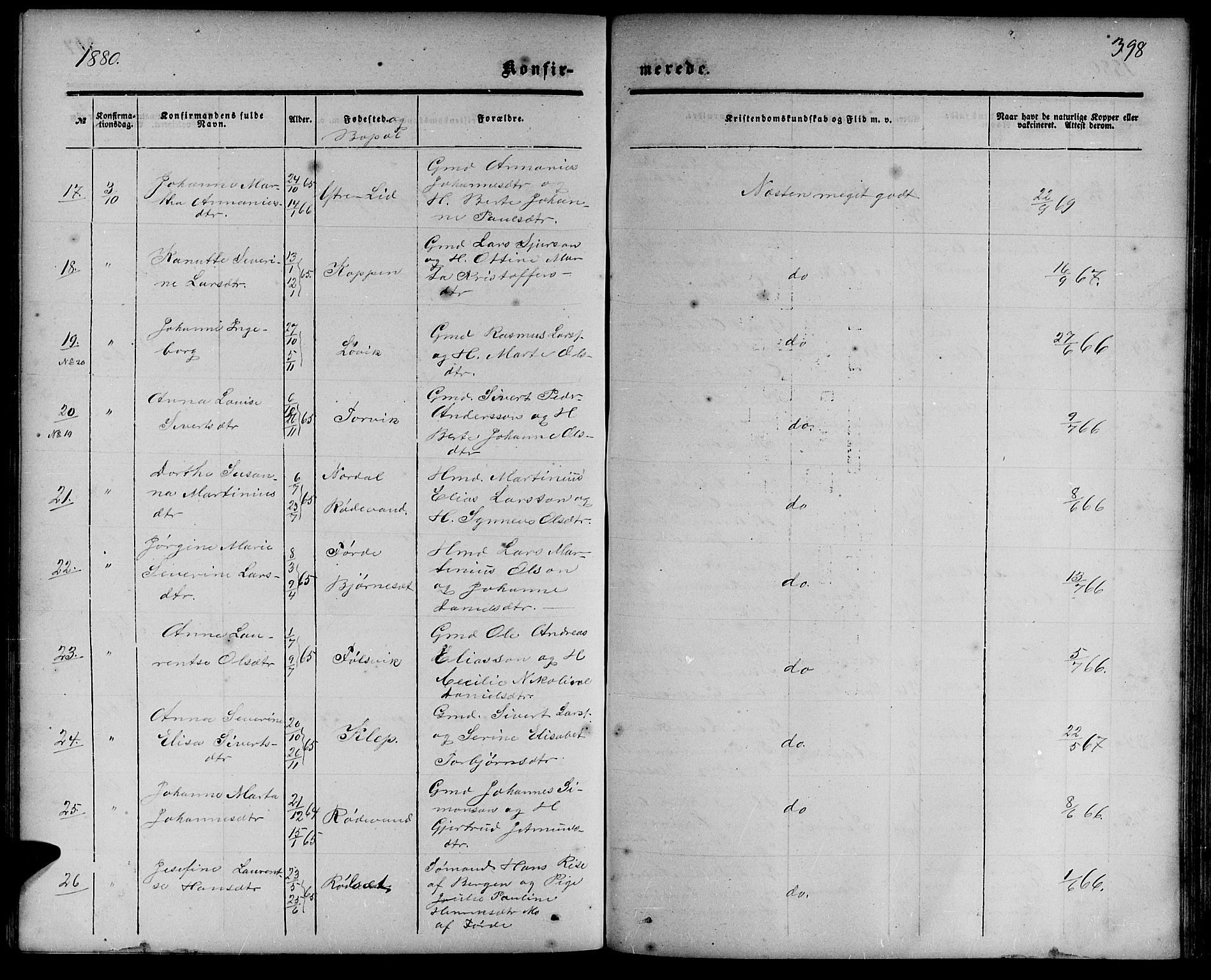 Ministerialprotokoller, klokkerbøker og fødselsregistre - Møre og Romsdal, AV/SAT-A-1454/511/L0157: Parish register (copy) no. 511C03, 1864-1884, p. 398