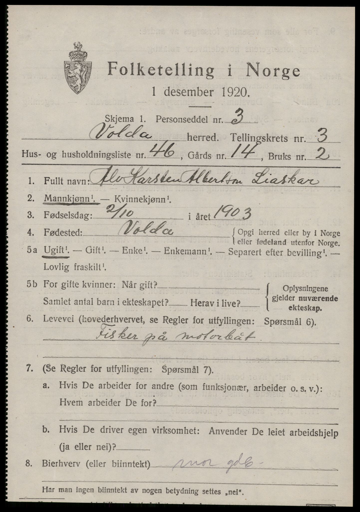 SAT, 1920 census for Volda, 1920, p. 2902