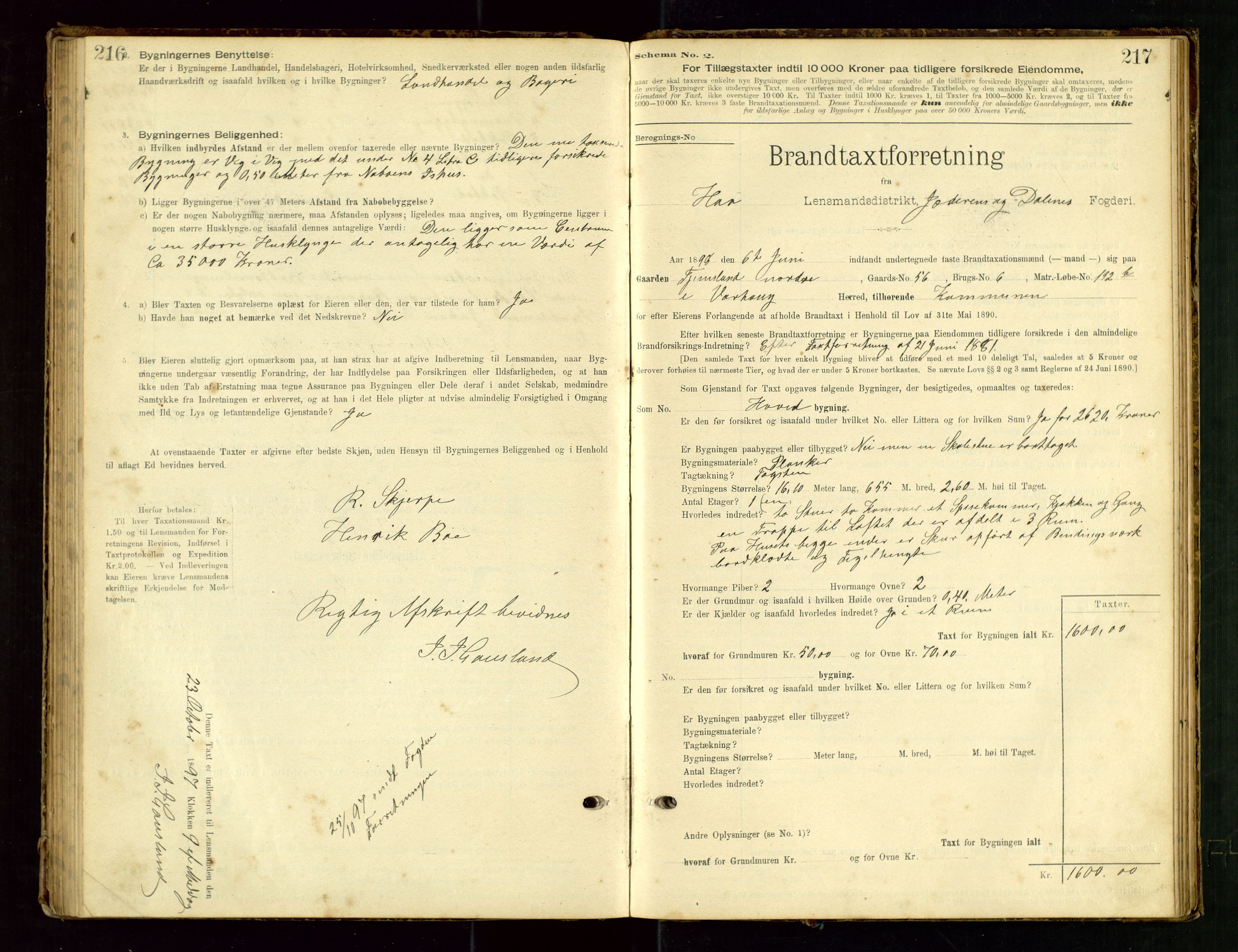 Hå lensmannskontor, SAST/A-100456/Goa/L0003: Takstprotokoll (skjema), 1895-1911, p. 216-217