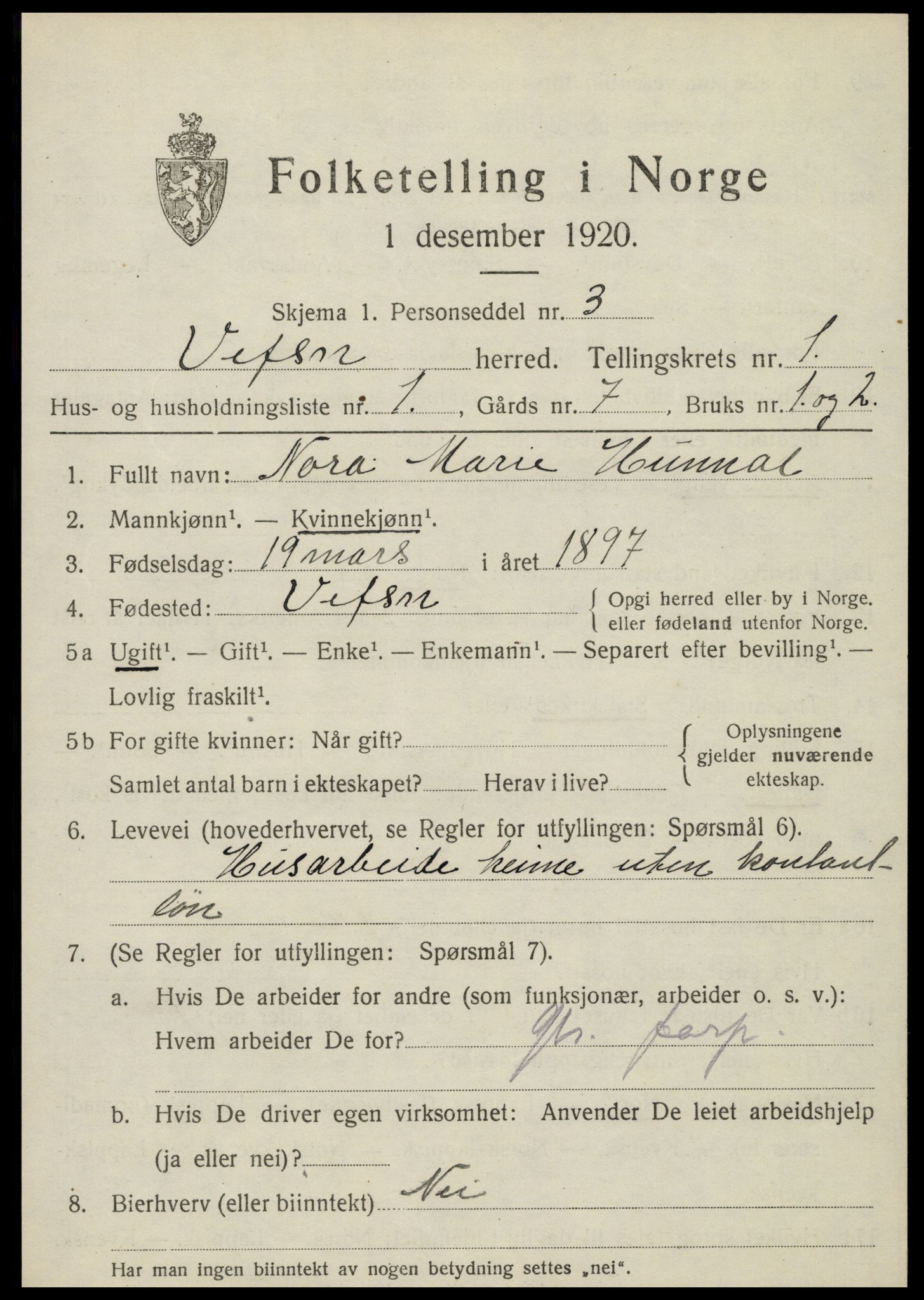 SAT, 1920 census for Vefsn, 1920, p. 1643