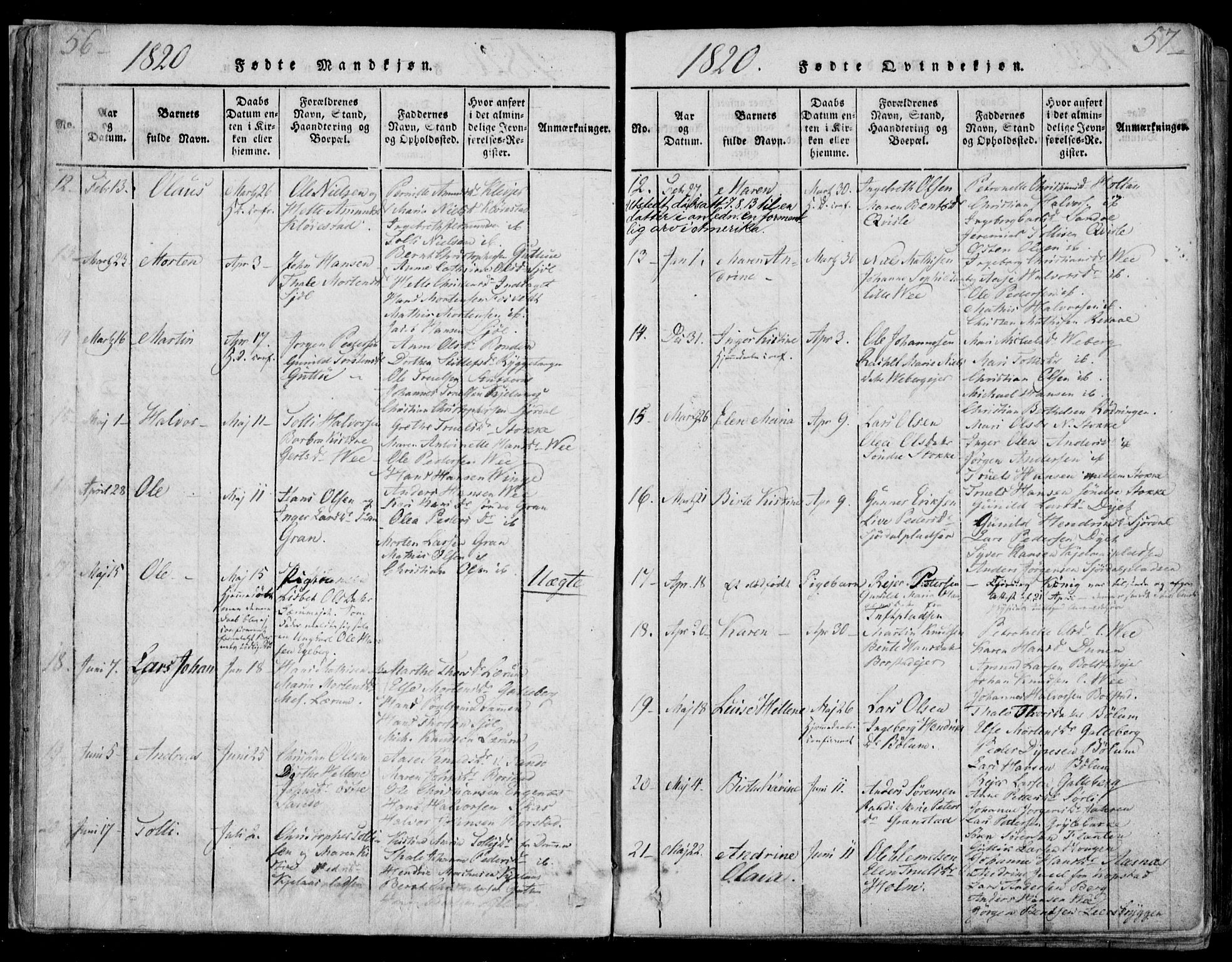 Sande Kirkebøker, SAKO/A-53/F/Fa/L0003: Parish register (official) no. 3, 1814-1847, p. 56-57