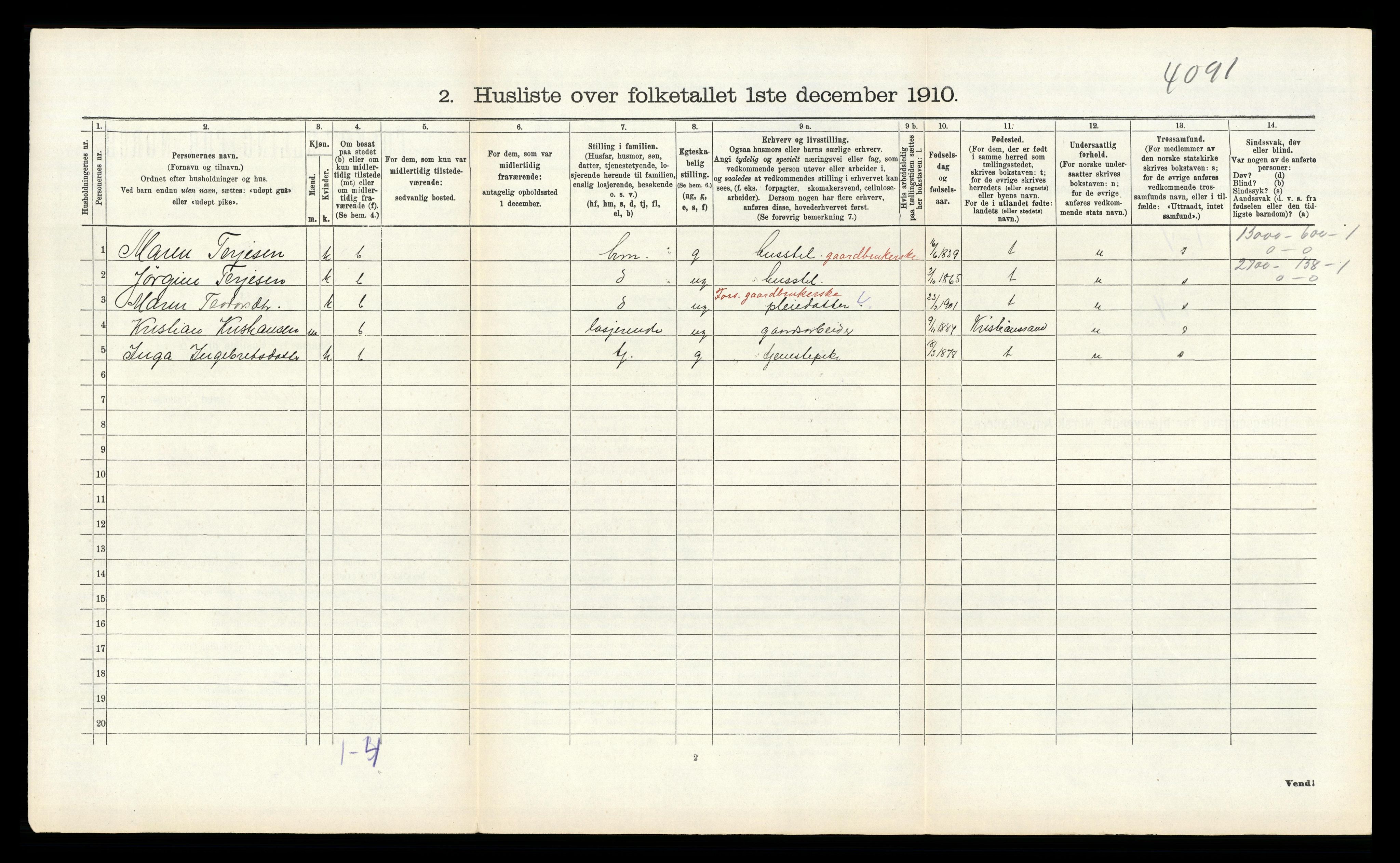 RA, 1910 census for Øyestad, 1910, p. 1607