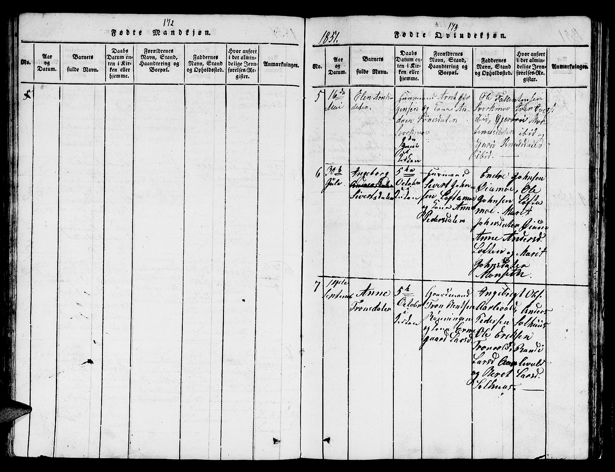 Ministerialprotokoller, klokkerbøker og fødselsregistre - Sør-Trøndelag, SAT/A-1456/671/L0842: Parish register (copy) no. 671C01, 1816-1867, p. 172-173