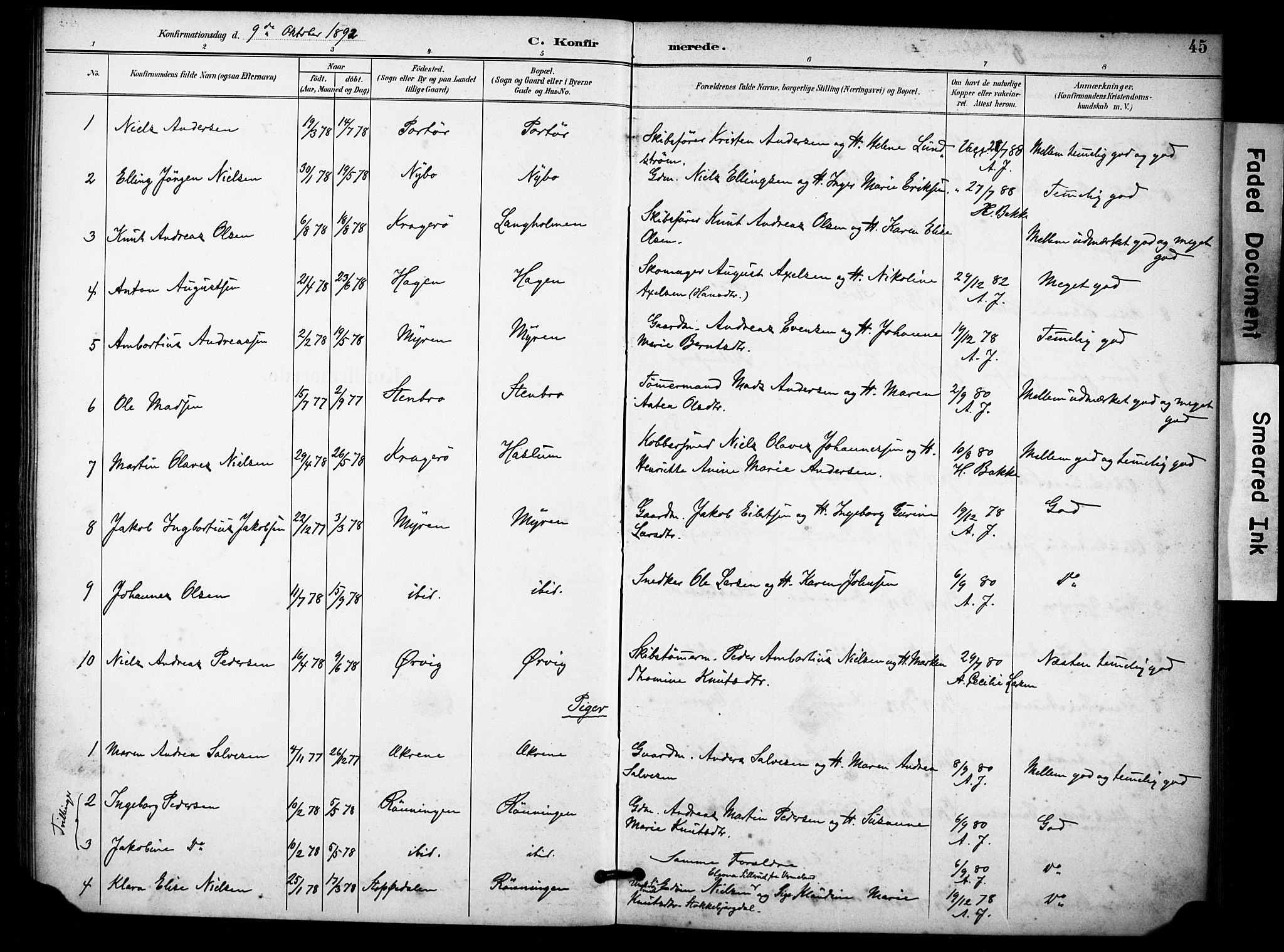 Skåtøy kirkebøker, SAKO/A-304/F/Fb/L0001: Parish register (official) no. II 1, 1892-1916, p. 45