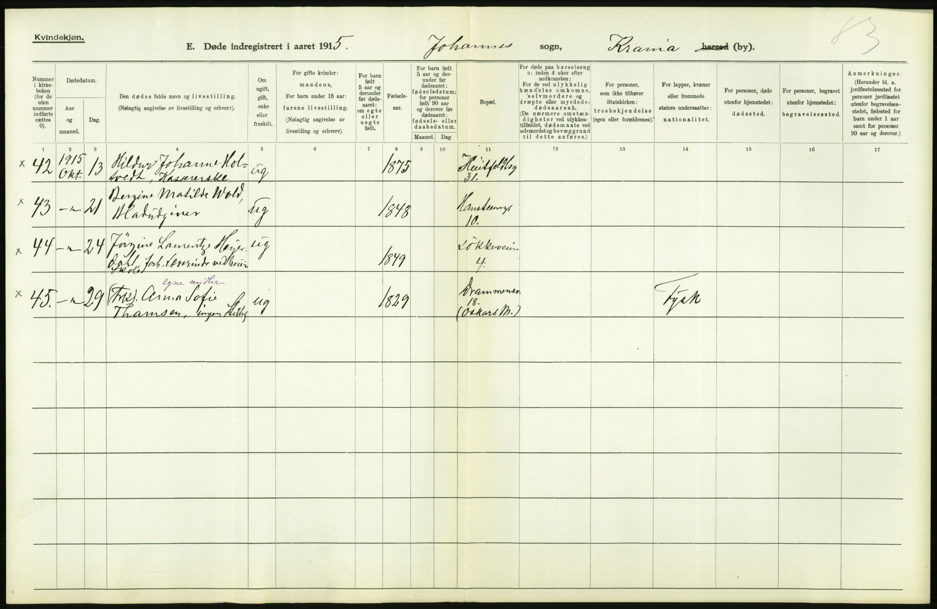 Statistisk sentralbyrå, Sosiodemografiske emner, Befolkning, AV/RA-S-2228/D/Df/Dfb/Dfbe/L0009: Kristiania: Døde., 1915, p. 254