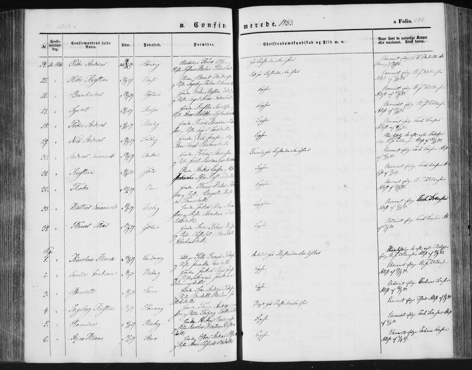 Lista sokneprestkontor, AV/SAK-1111-0027/F/Fa/L0010: Parish register (official) no. A 10, 1846-1861, p. 205