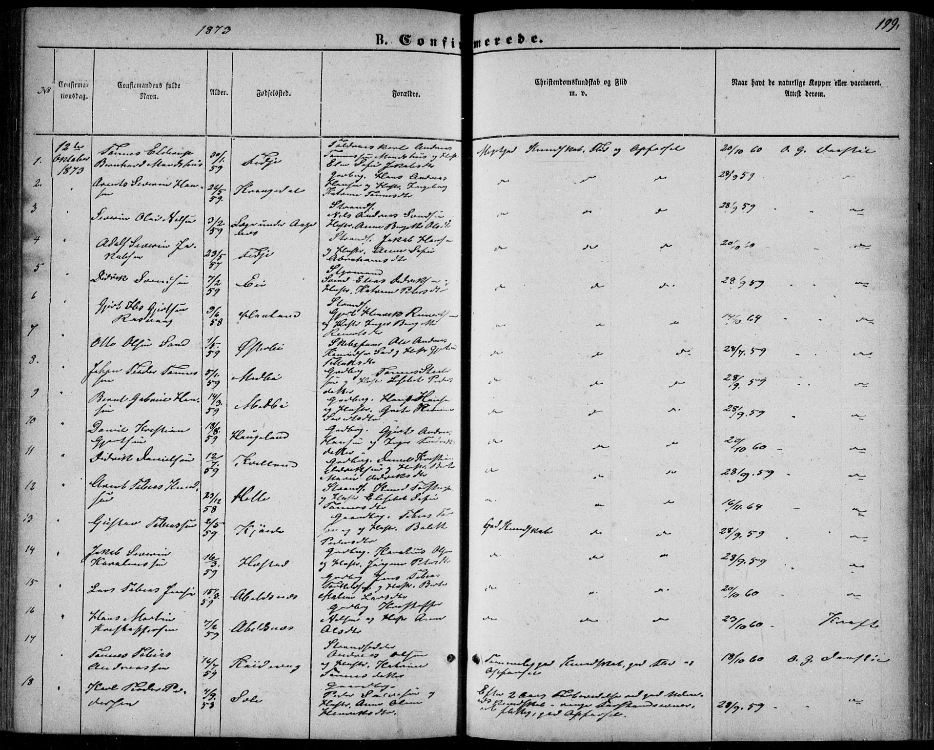 Flekkefjord sokneprestkontor, AV/SAK-1111-0012/F/Fb/Fbb/L0003: Parish register (copy) no. B 3, 1867-1889, p. 199