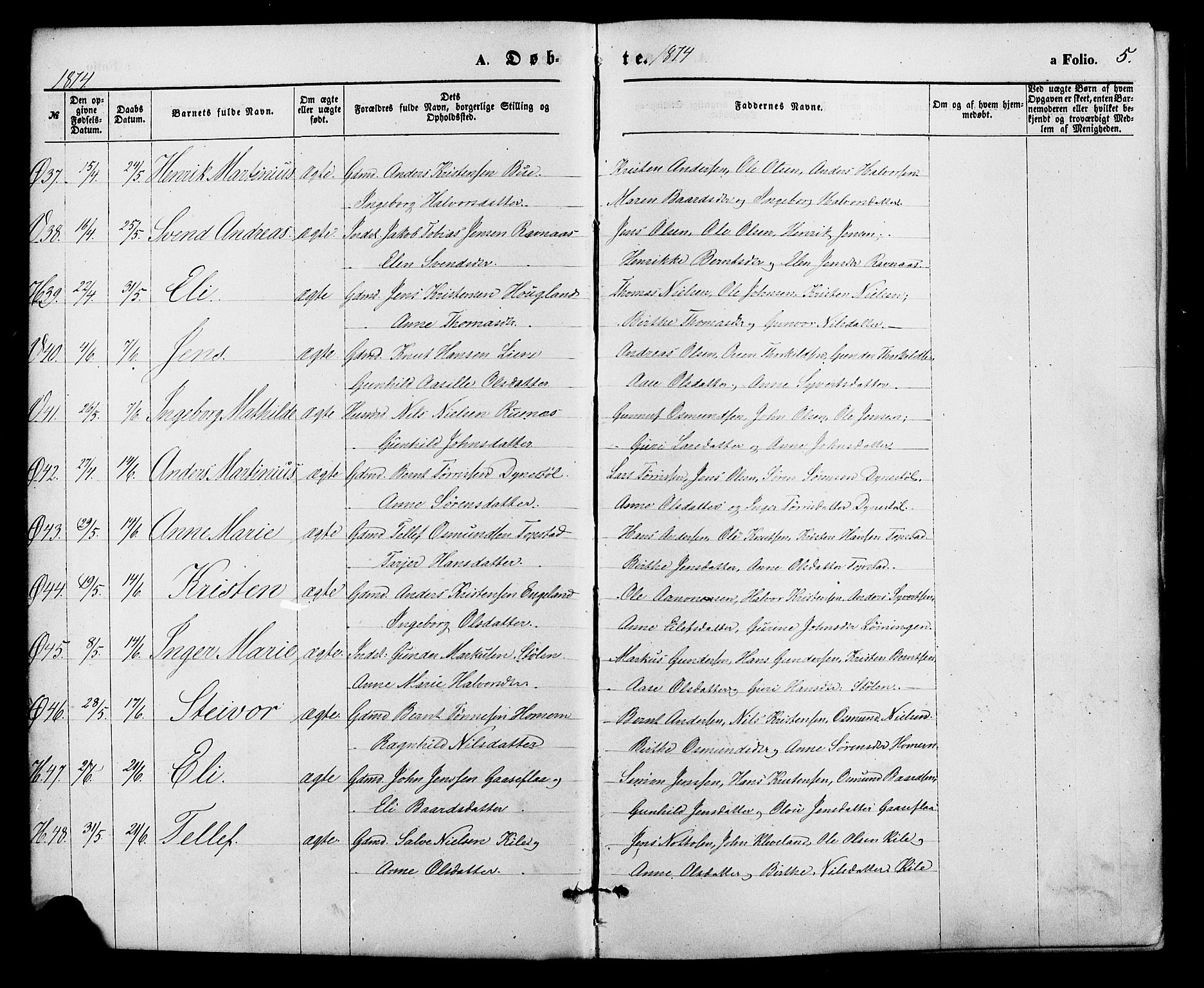 Vennesla sokneprestkontor, AV/SAK-1111-0045/Fa/Fac/L0008: Parish register (official) no. A 8, 1874-1883, p. 5