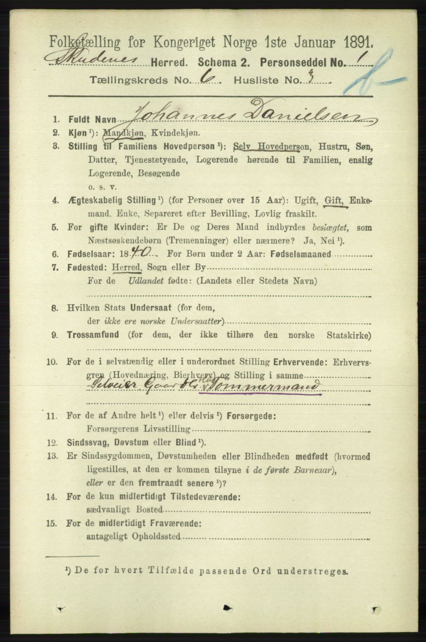 RA, 1891 census for 1150 Skudenes, 1891, p. 5600