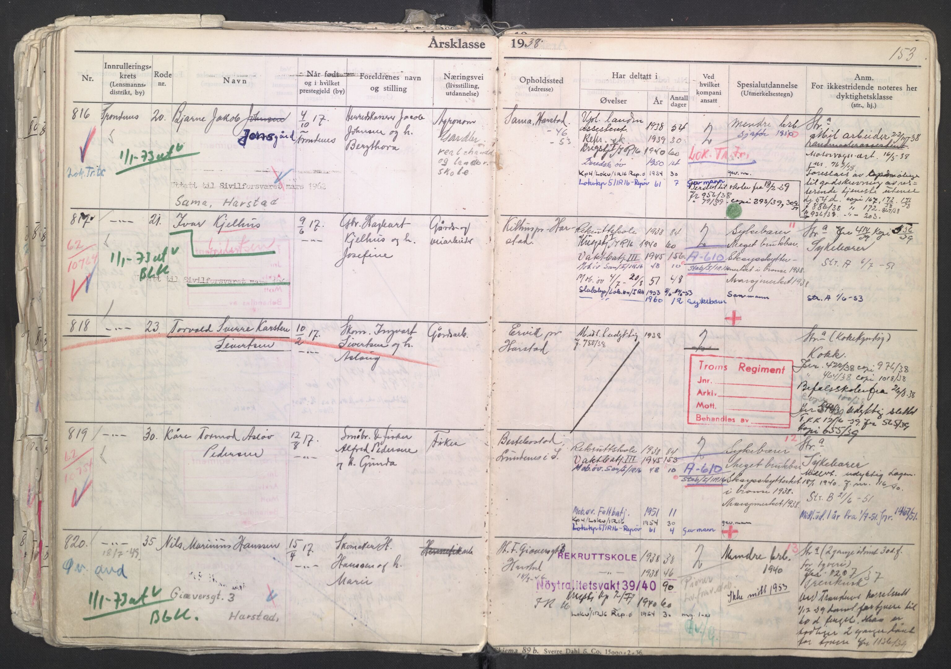 Forsvaret, Troms infanteriregiment nr. 16, AV/RA-RAFA-3146/P/Pa/L0007/0003: Ruller / Rulle for regimentets menige mannskaper, årsklasse 1938, 1938, p. 153