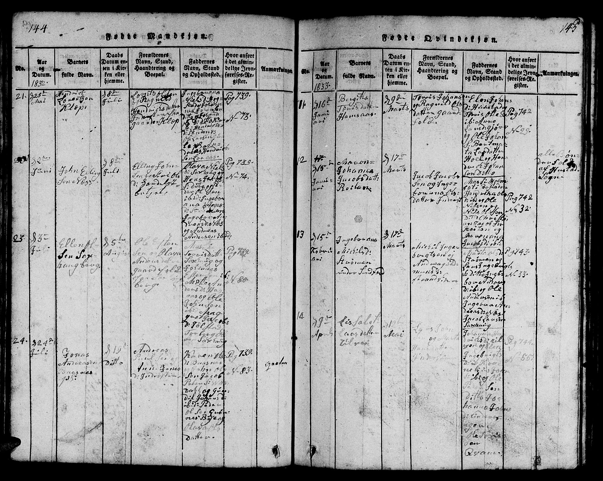 Ministerialprotokoller, klokkerbøker og fødselsregistre - Nord-Trøndelag, AV/SAT-A-1458/730/L0298: Parish register (copy) no. 730C01, 1816-1849, p. 144-145