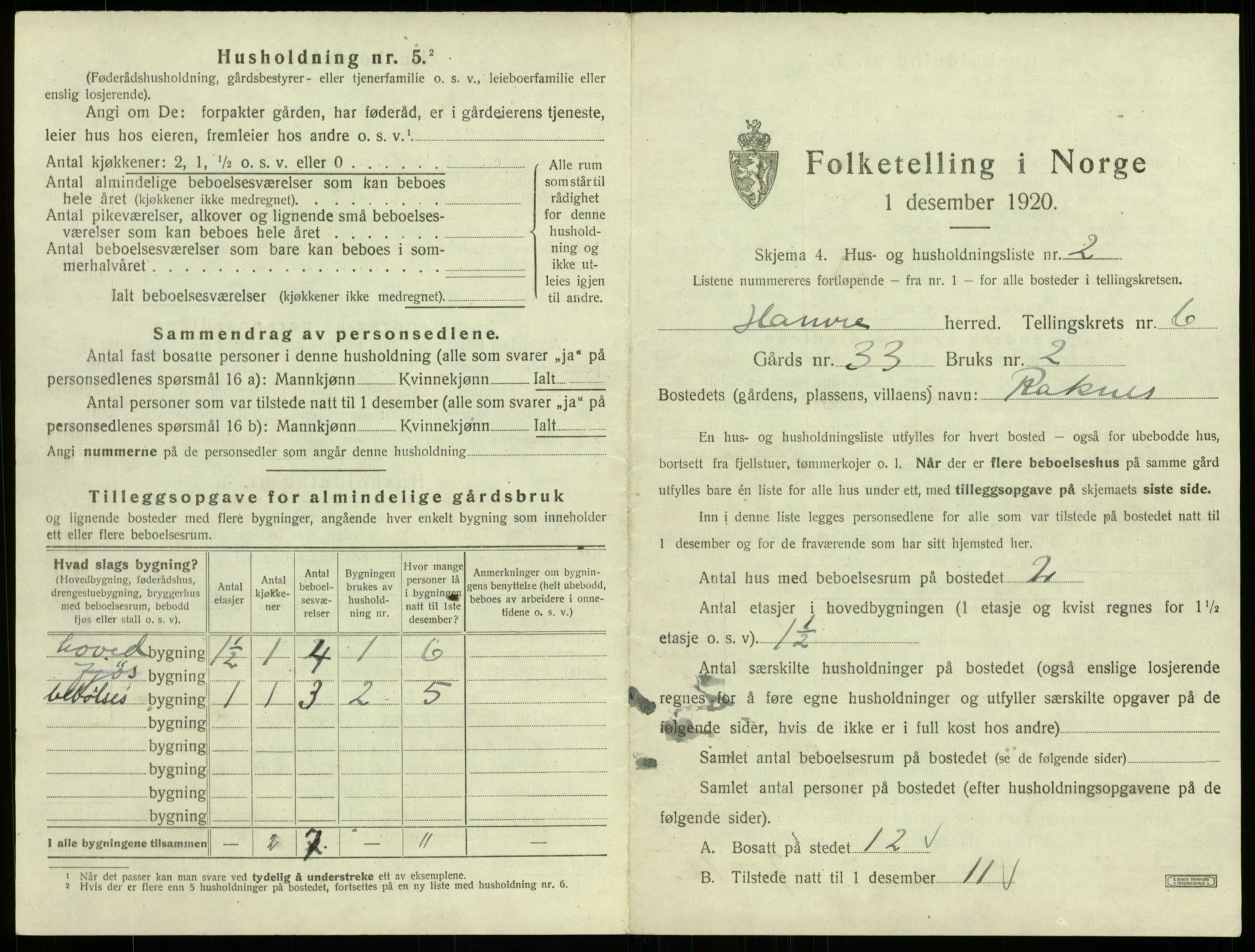 SAB, 1920 census for Hamre, 1920, p. 515