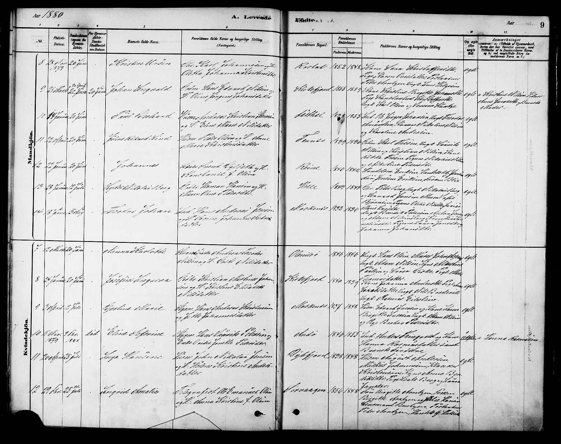 Ministerialprotokoller, klokkerbøker og fødselsregistre - Nordland, SAT/A-1459/886/L1219: Parish register (official) no. 886A01, 1878-1892, p. 9