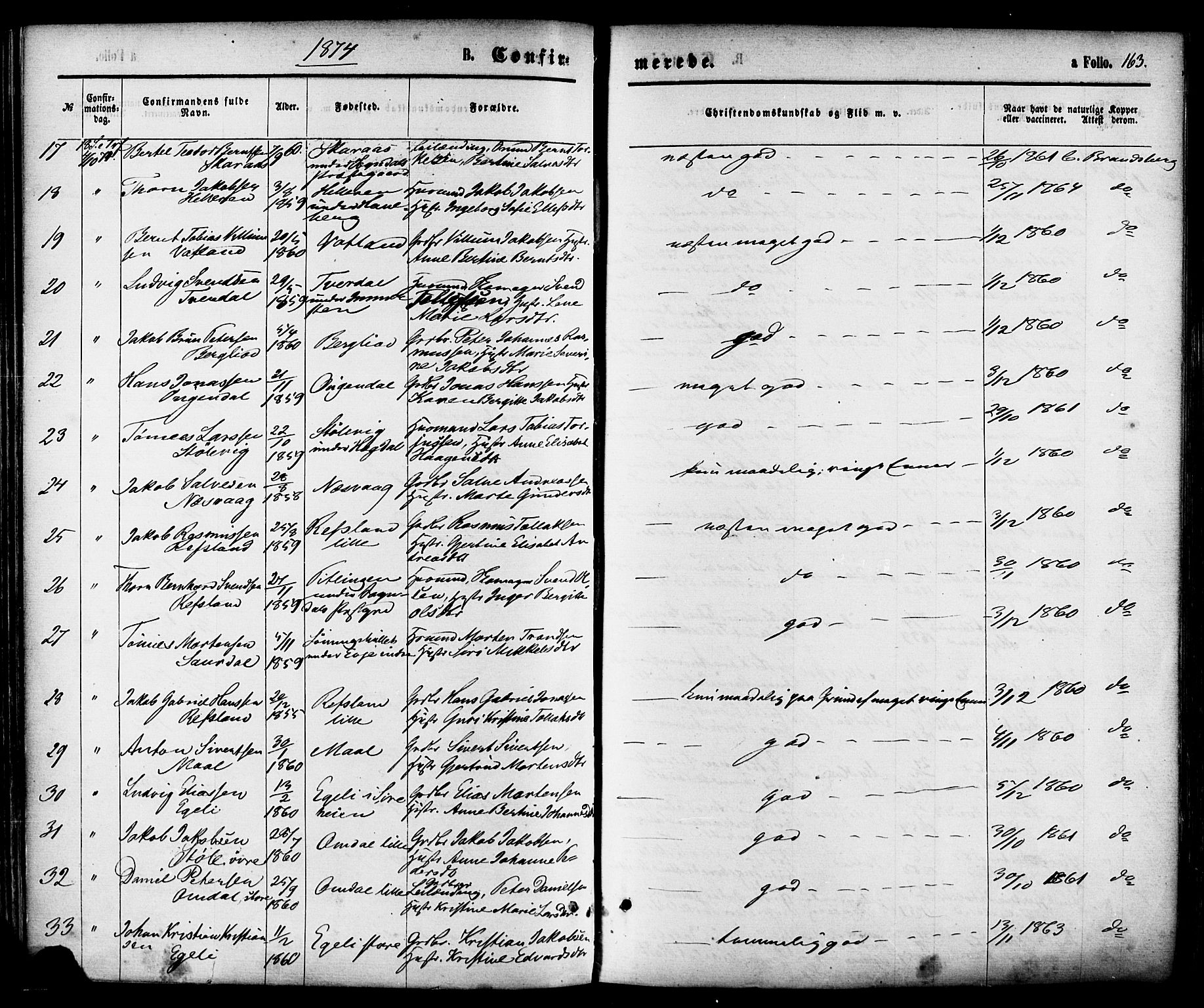 Sokndal sokneprestkontor, SAST/A-101808: Parish register (official) no. A 10, 1874-1886, p. 163